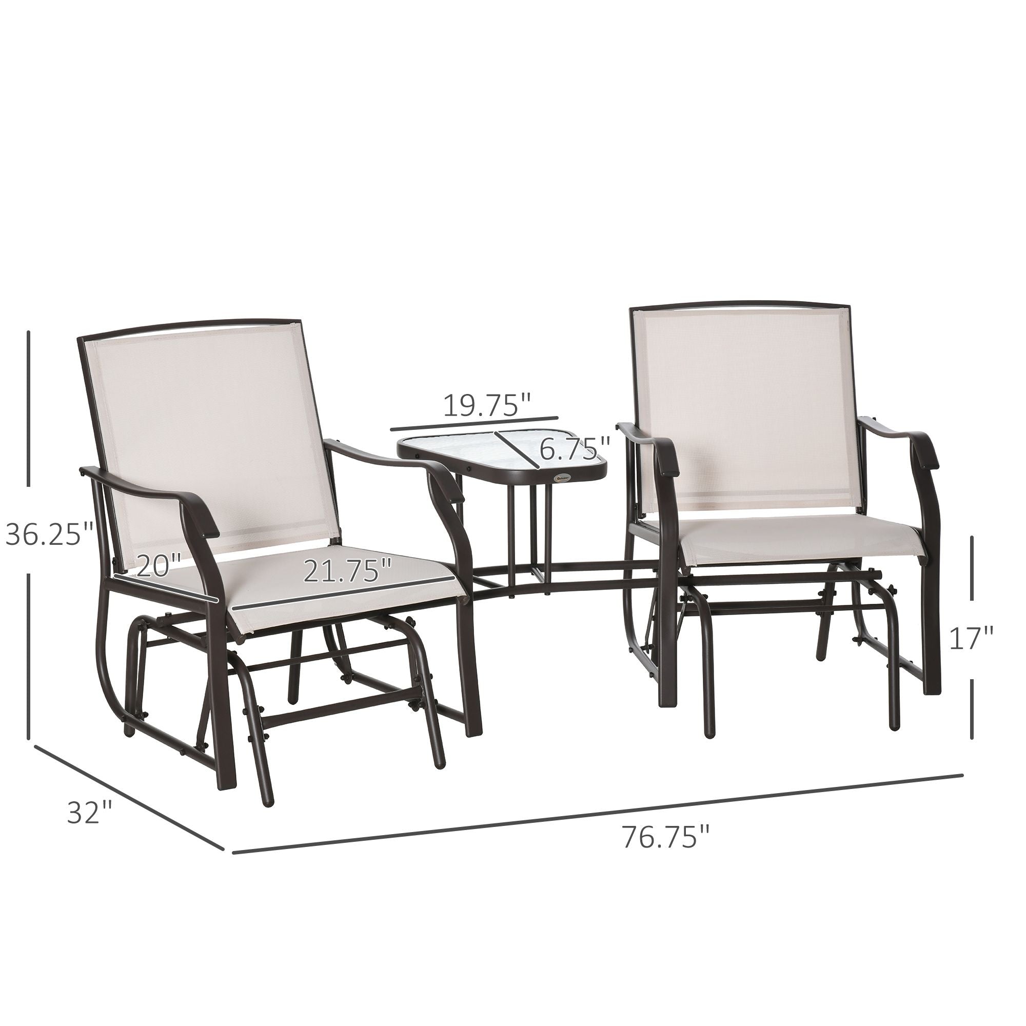 Outdoor Glider Chairs with Coffee Table, Patio 2-Seat Rocking Chair Swing Loveseat with Breathable Sling for Backyard, Porch, Beige