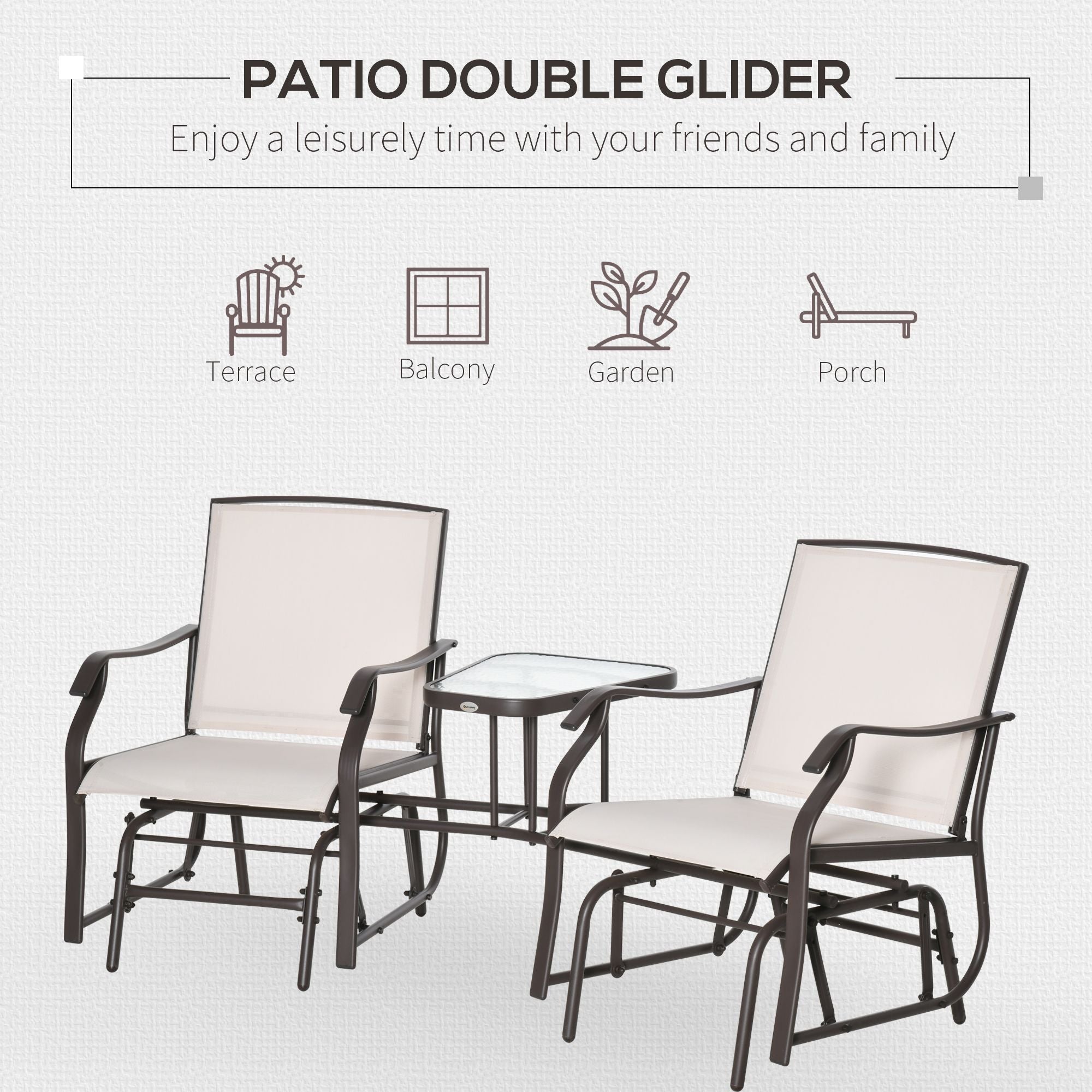 Outdoor Glider Chairs with Coffee Table, Patio 2-Seat Rocking Chair Swing Loveseat with Breathable Sling for Backyard, Porch, Beige