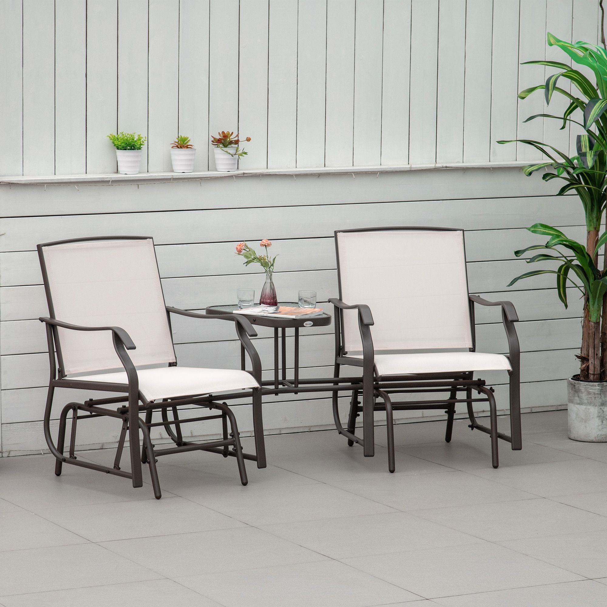 Outdoor Glider Chairs with Coffee Table, Patio 2-Seat Rocking Chair Swing Loveseat with Breathable Sling for Backyard, Porch, Beige