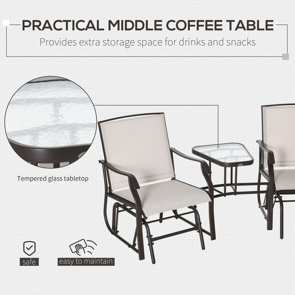 Outdoor Glider Chairs with Coffee Table, Patio 2-Seat Rocking Chair Swing Loveseat with Breathable Sling for Backyard, Porch, Beige