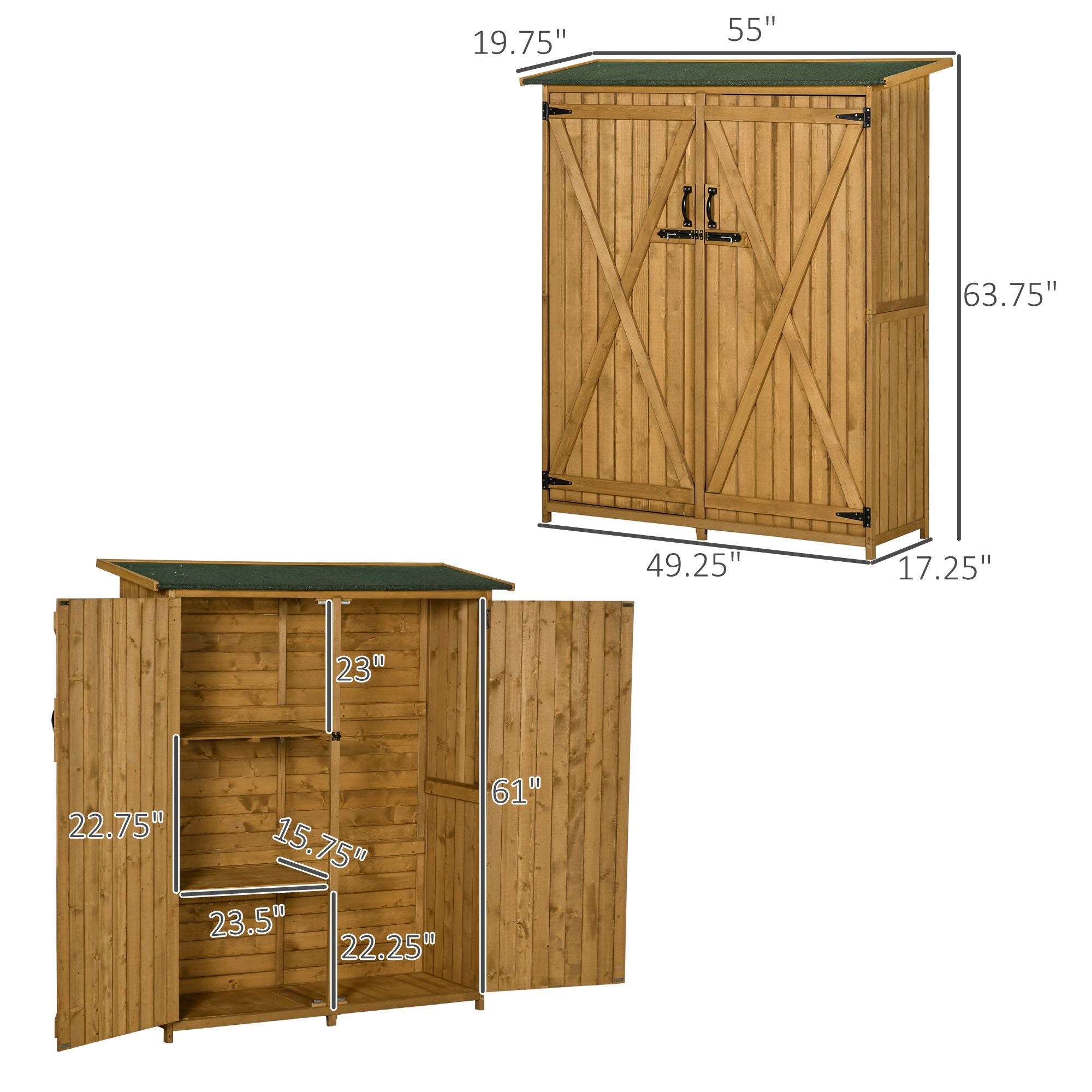 Outdoor Wooden Storage Cabinet Garden Shed Utility Tool Organizer Waterproof Asphalt Roof Lockable Doors 3 Shelves Natural
