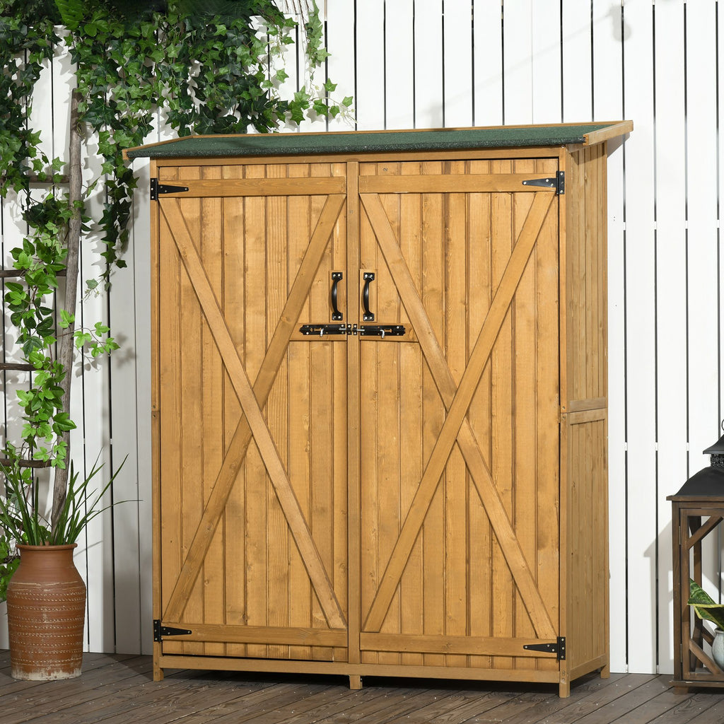 Outdoor Wooden Storage Cabinet Garden Shed Utility Tool Organizer Waterproof Asphalt Roof Lockable Doors 3 Shelves Natural