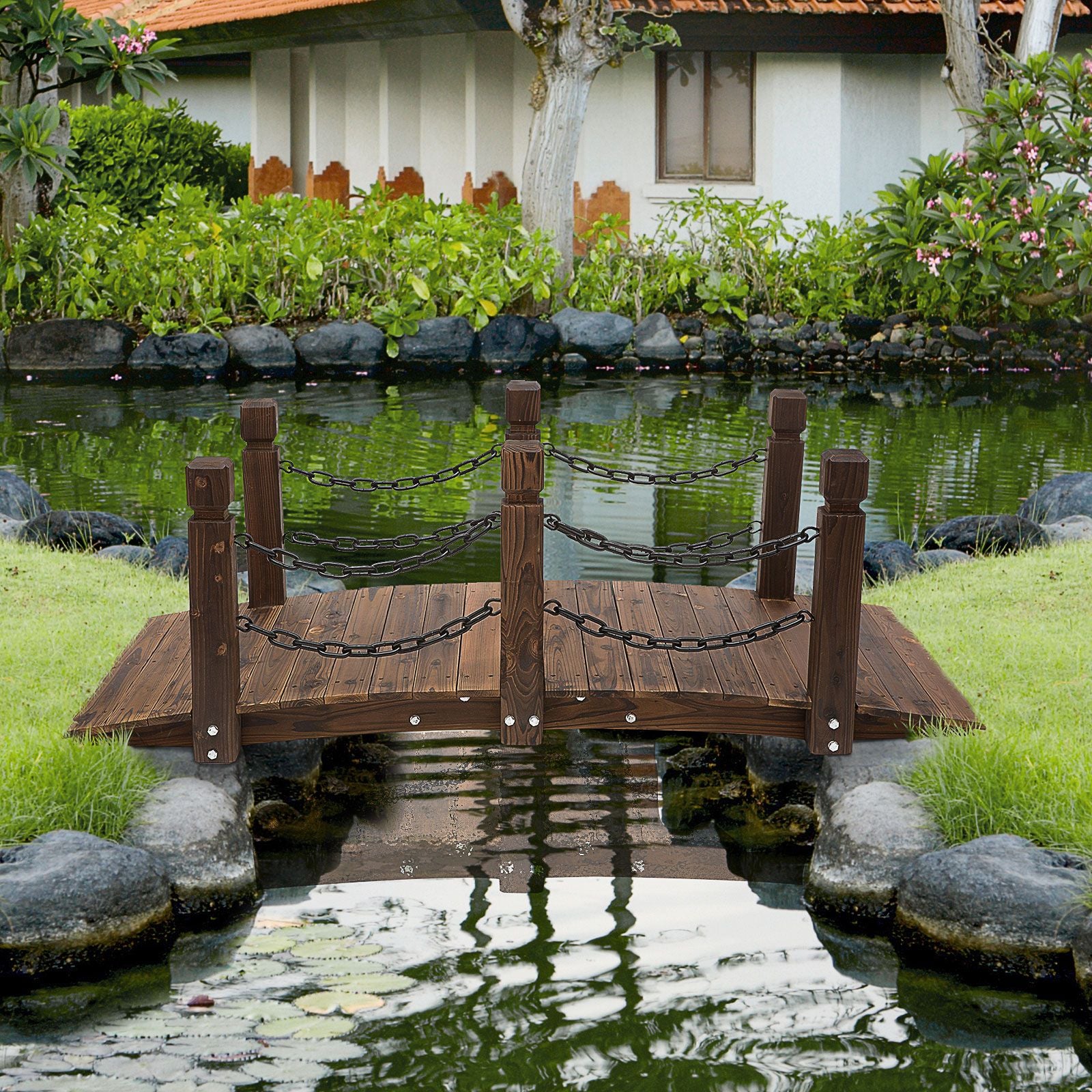 Fir Garden Path: 5ft Wooden Bridge with Metal Railings for Ponds & Streams