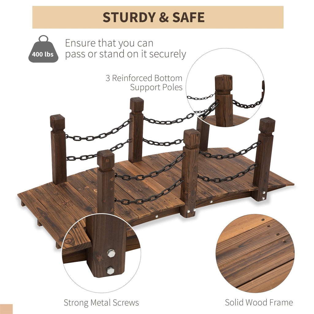 Fir Garden Path: 5ft Wooden Bridge with Metal Railings for Ponds & Streams