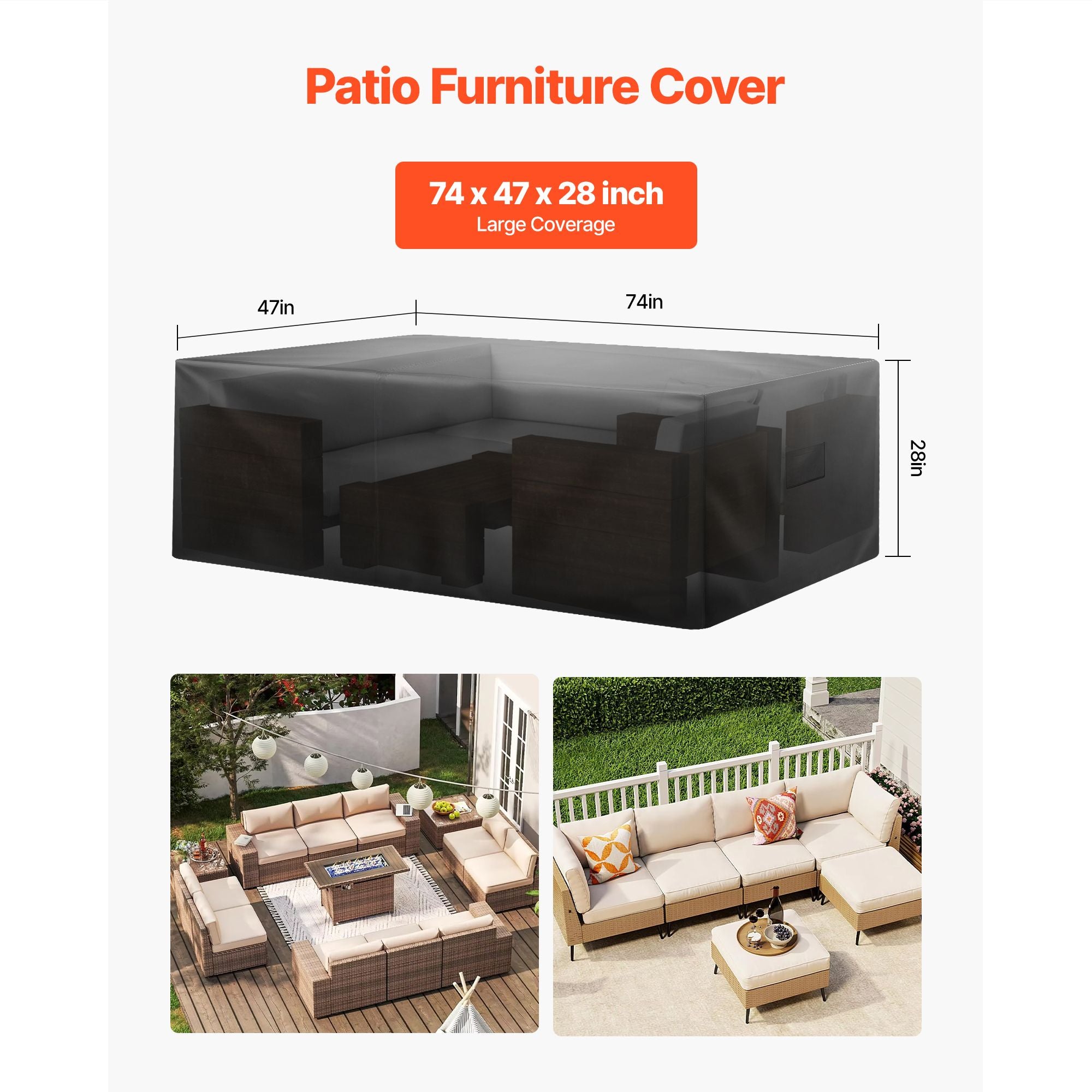Patio Furniture Cover, 420D Heavy Duty Waterproof Outdoor Dining Table and Chairs Cover, Large Rectangular Patio Table Covers with Air Vent for All Weather, 74L x 47W x 28H inch, Black