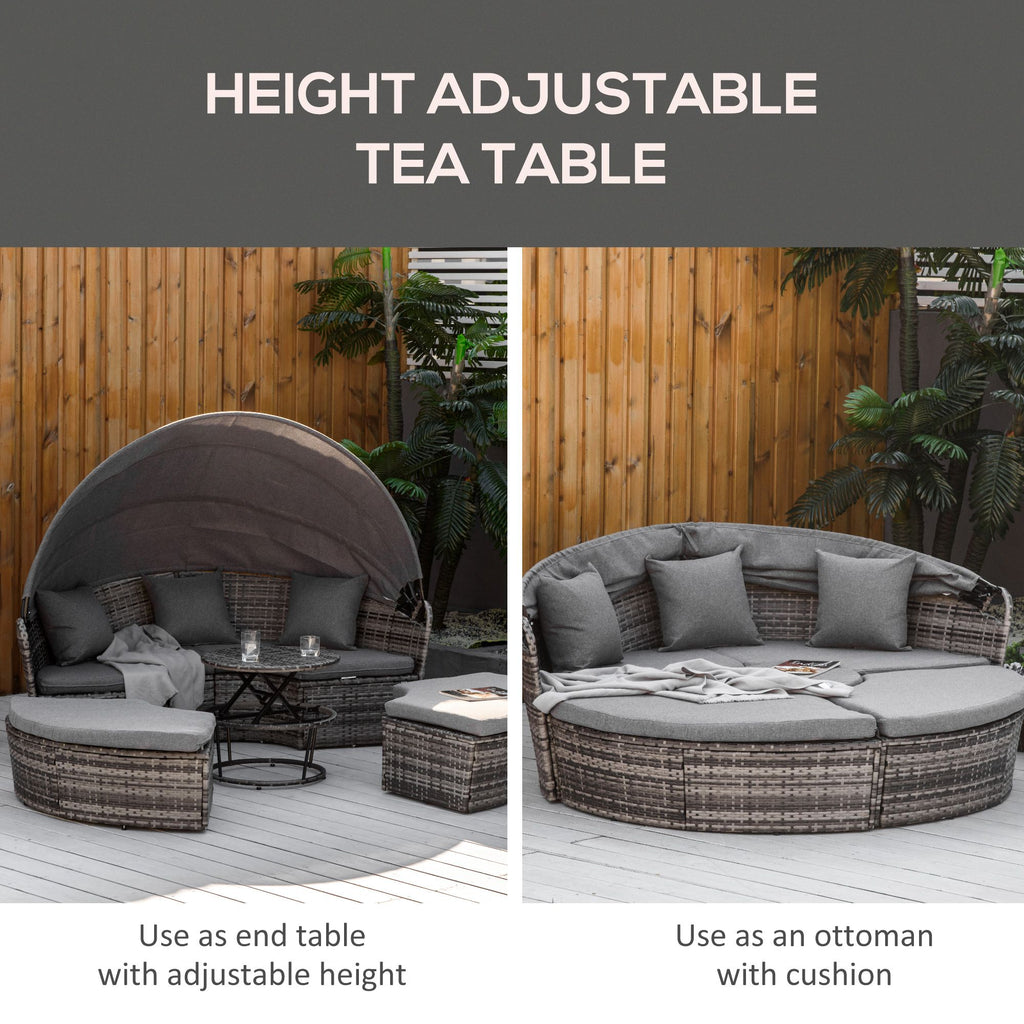 4 Pieces Patio PE Wicker Lounge Set, Rattan Garden Conversation Furniture Set, Round Sofa Bed with Canopy, Cushioned, Coffee Table, Grey