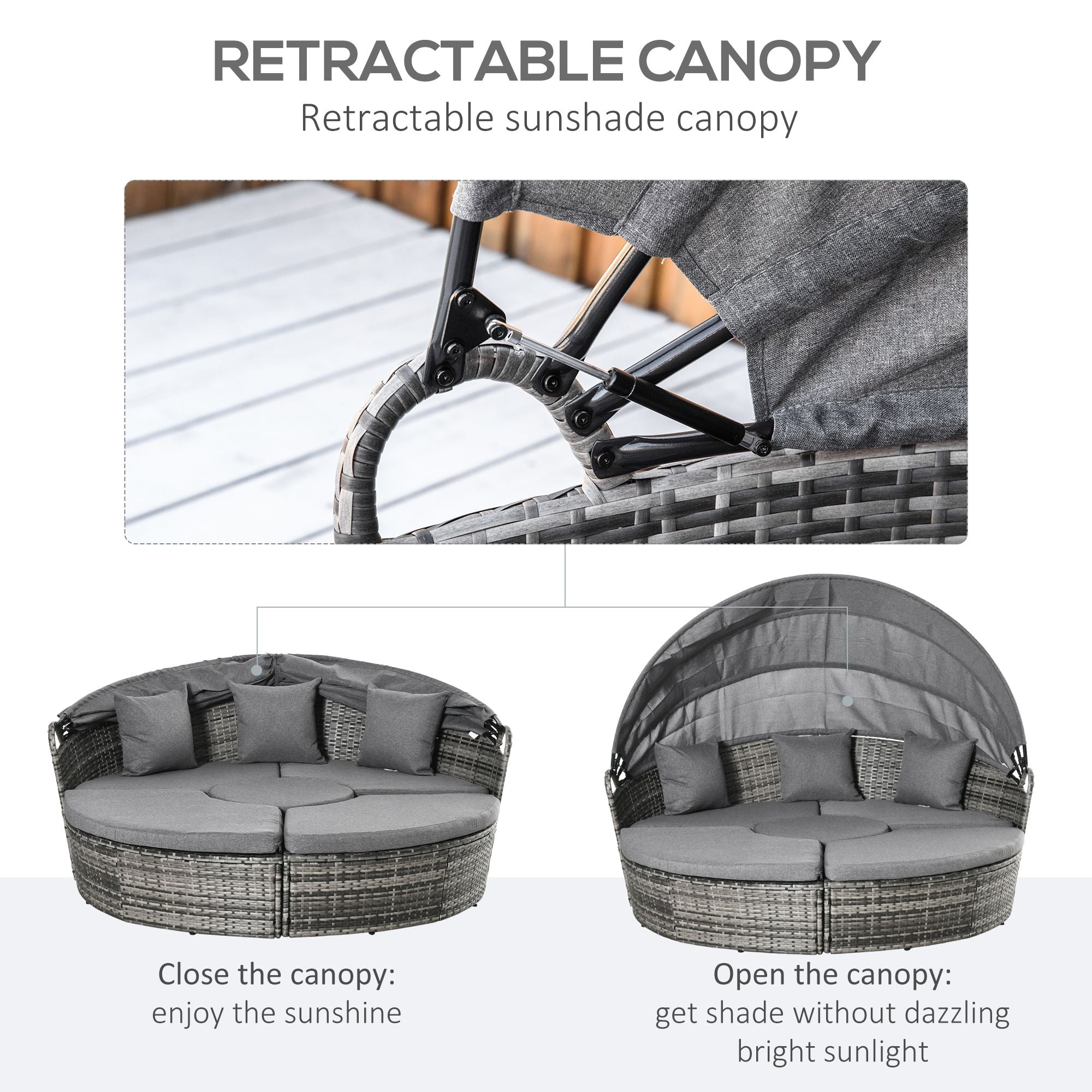 4 Pieces Patio PE Wicker Lounge Set, Rattan Garden Conversation Furniture Set, Round Sofa Bed with Canopy, Cushioned, Coffee Table, Grey
