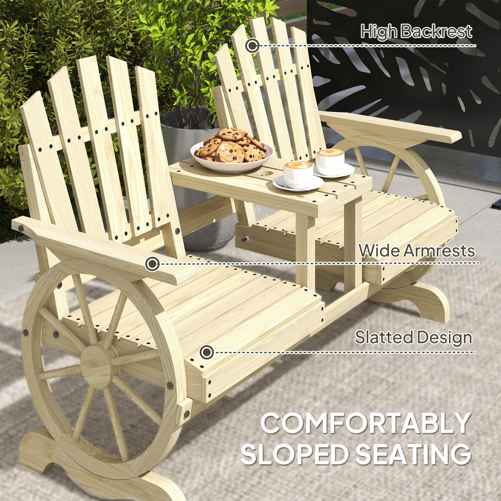 2-Seat Wooden Garden Bench with Table, Umbrella Hole, High Backrest, Armrests for Backyard, Patio, Garden, Natural Wood