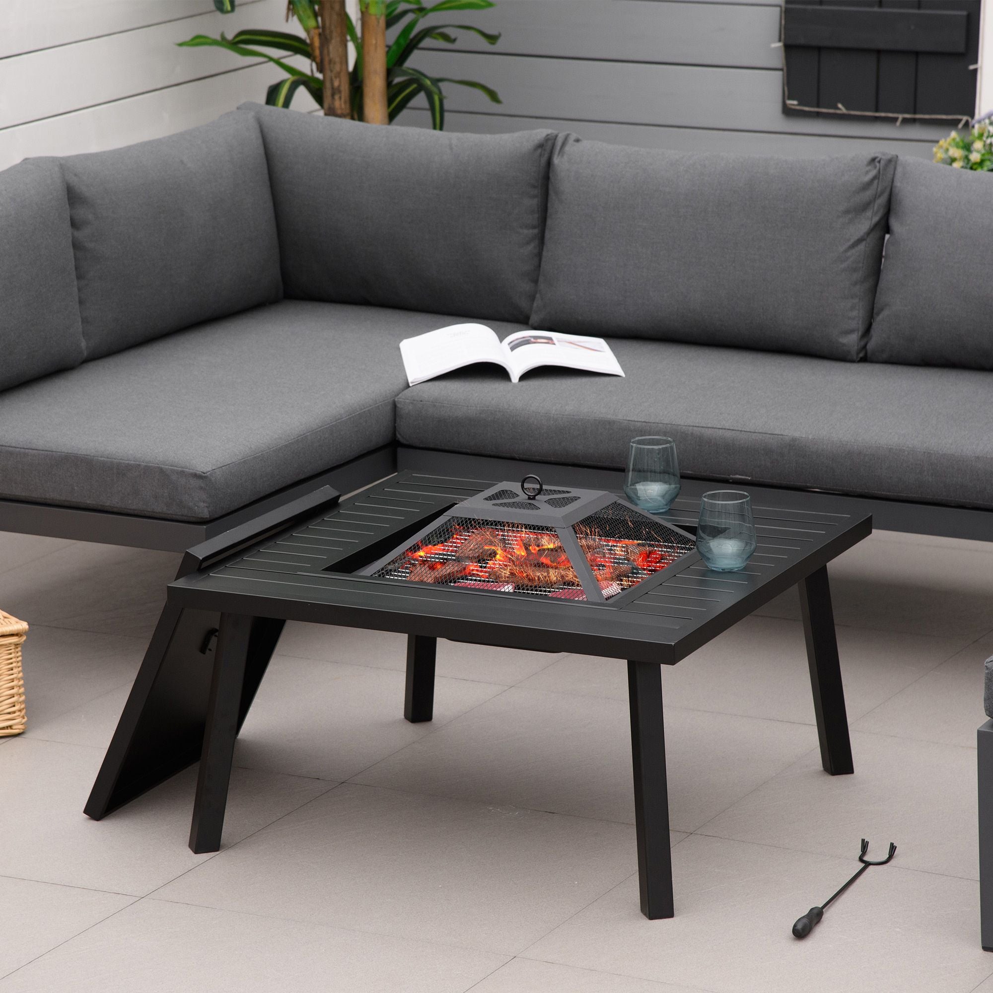 34" Wood Burning Fire Table Grill with Spark Guard and Rain Cover for Outdoor Dining