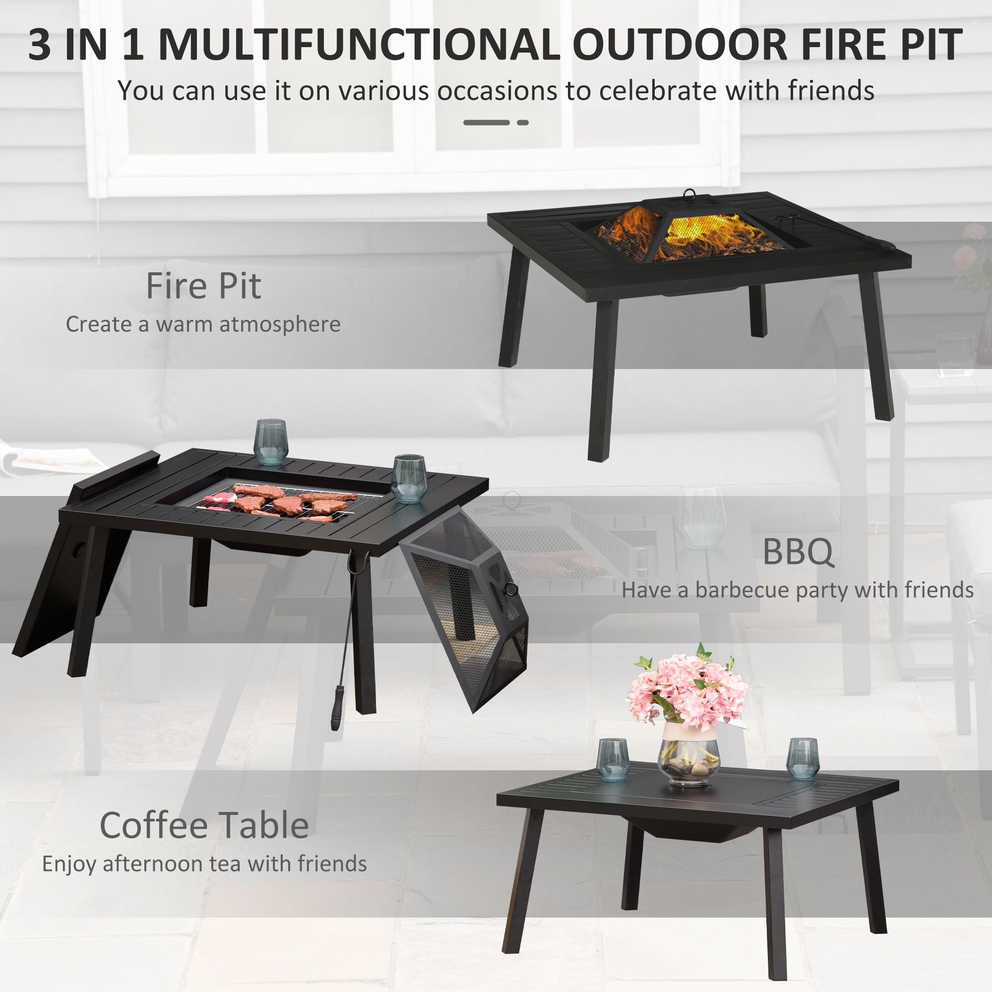 34" Wood Burning Fire Table Grill with Spark Guard and Rain Cover for Outdoor Dining