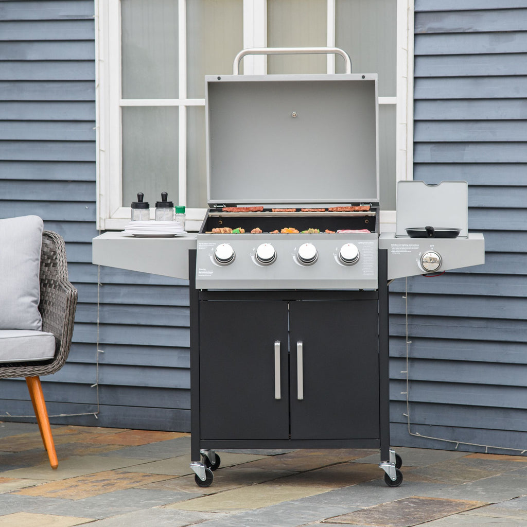 52" Barbecue Grill with Wheels, 4+1 Burner Liquid Propane Gas Grill, Outdoor Cabinet Style BBQ Trolley w/ Side Burner, Warming Rack, Silver