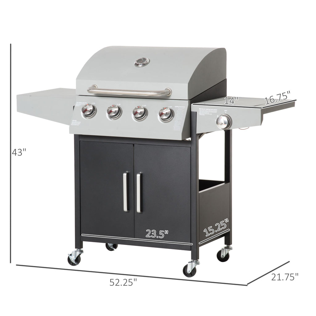 52" Barbecue Grill with Wheels, 4+1 Burner Liquid Propane Gas Grill, Outdoor Cabinet Style BBQ Trolley w/ Side Burner, Warming Rack, Silver