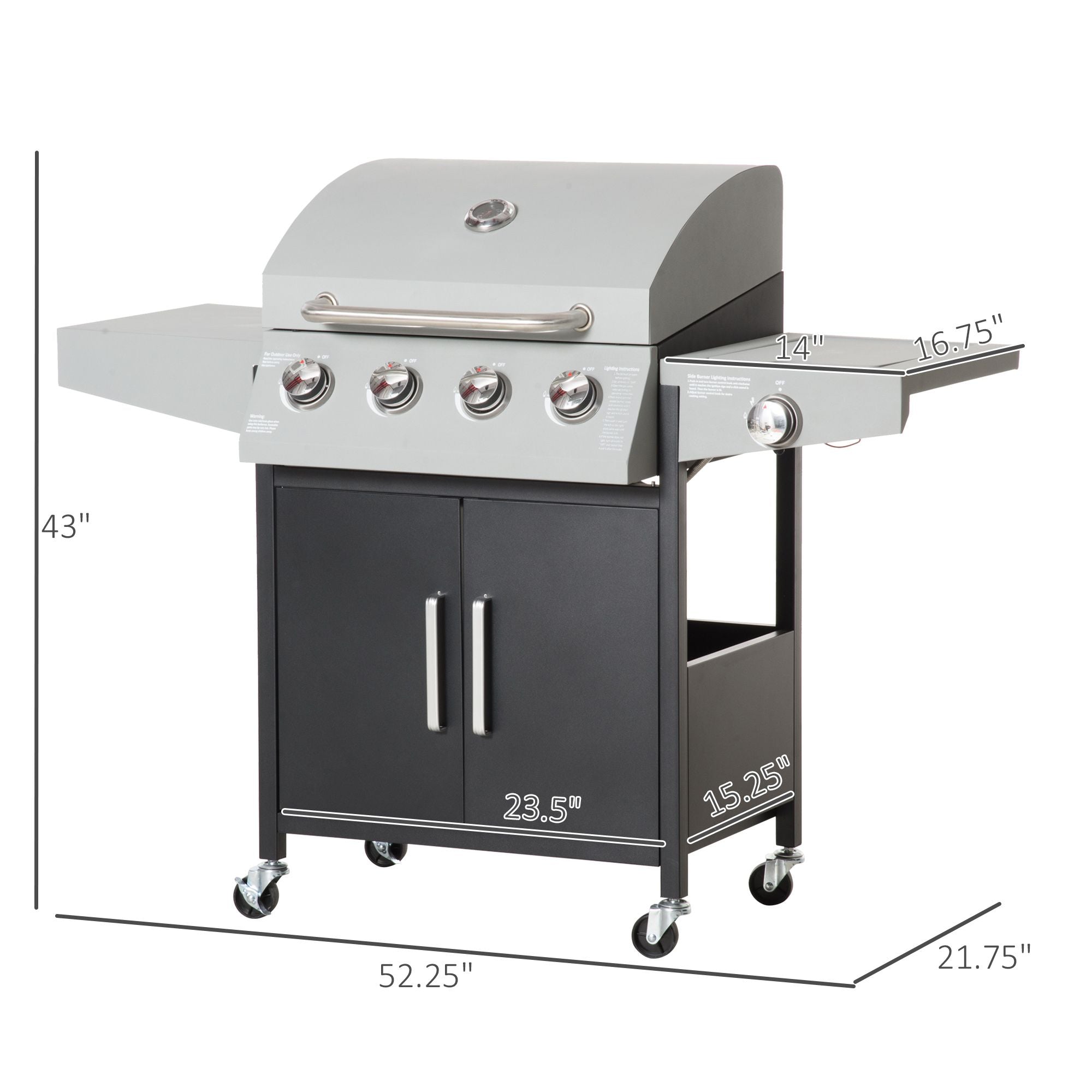 52" Barbecue Grill with Wheels, 4+1 Burner Liquid Propane Gas Grill, Outdoor Cabinet Style BBQ Trolley w/ Side Burner, Warming Rack, Silver