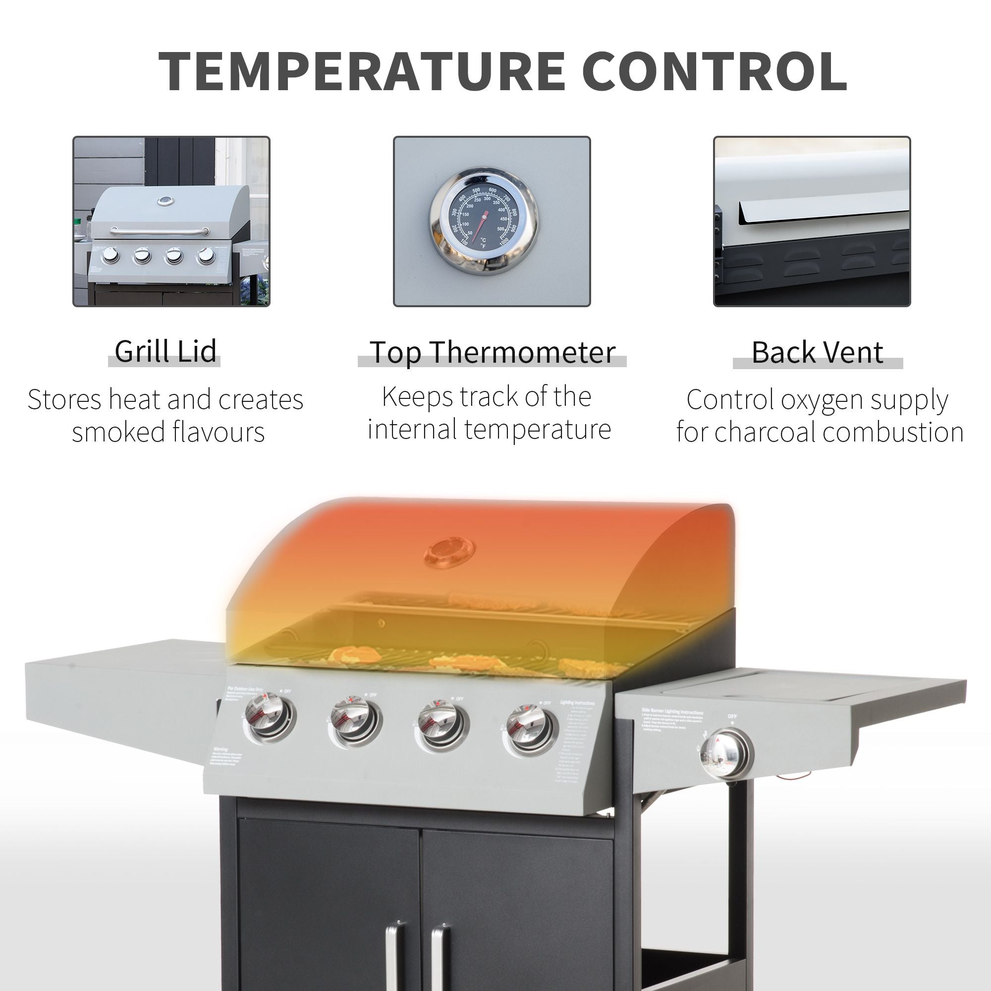 52" Barbecue Grill with Wheels, 4+1 Burner Liquid Propane Gas Grill, Outdoor Cabinet Style BBQ Trolley w/ Side Burner, Warming Rack, Silver