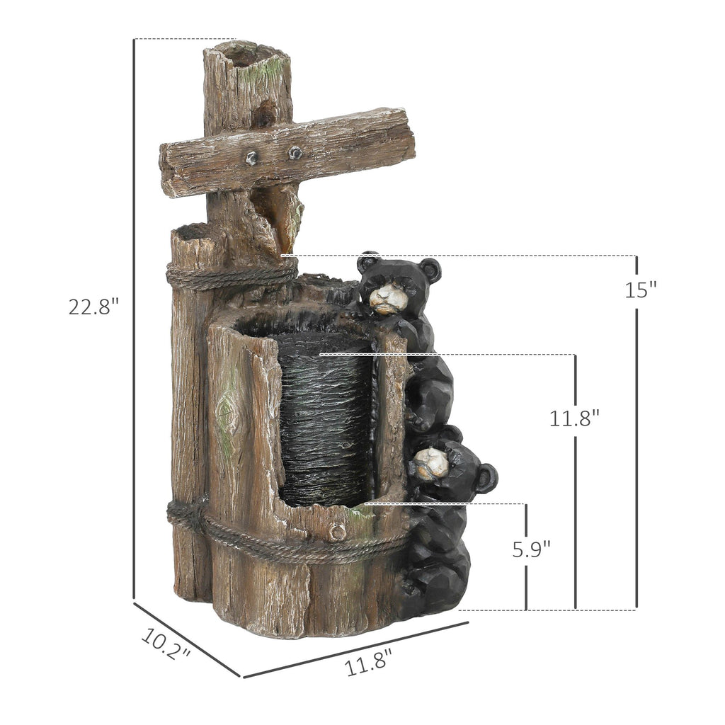 22.8" Water Fountain, 3-Tier Resin Bears on Log Outdoor Waterfall Fountain with LED Lights, Pump