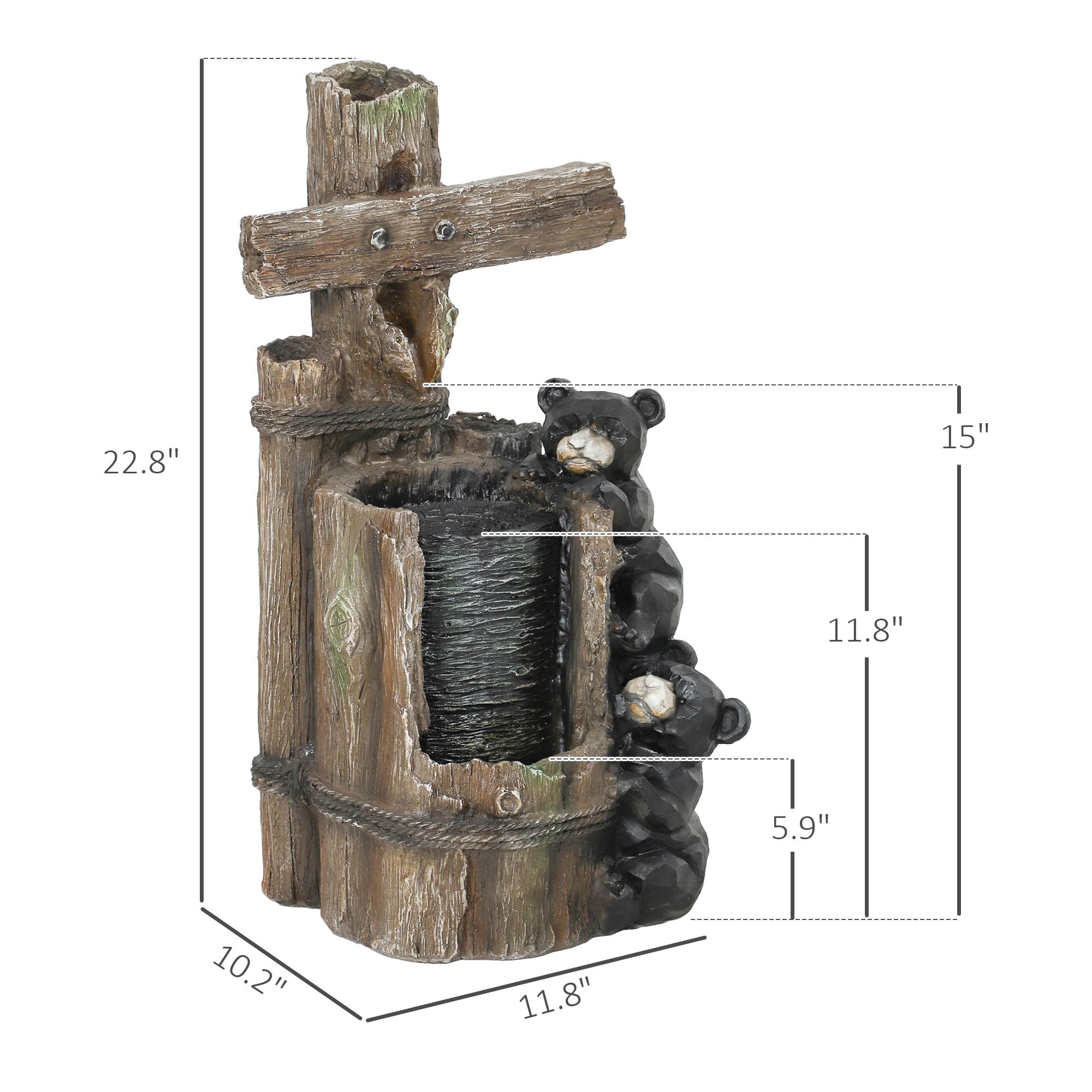 22.8" Water Fountain, 3-Tier Resin Bears on Log Outdoor Waterfall Fountain with LED Lights, Pump
