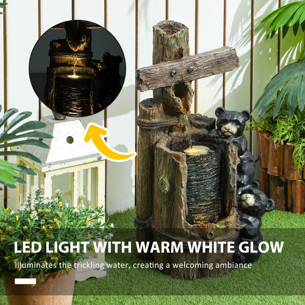 22.8" Water Fountain, 3-Tier Resin Bears on Log Outdoor Waterfall Fountain with LED Lights, Pump