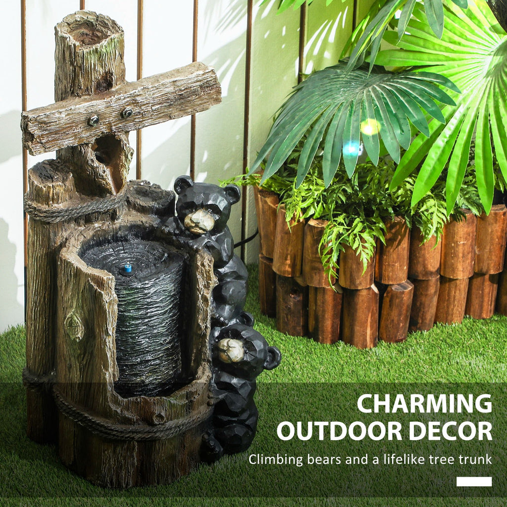 22.8" Water Fountain, 3-Tier Resin Bears on Log Outdoor Waterfall Fountain with LED Lights, Pump