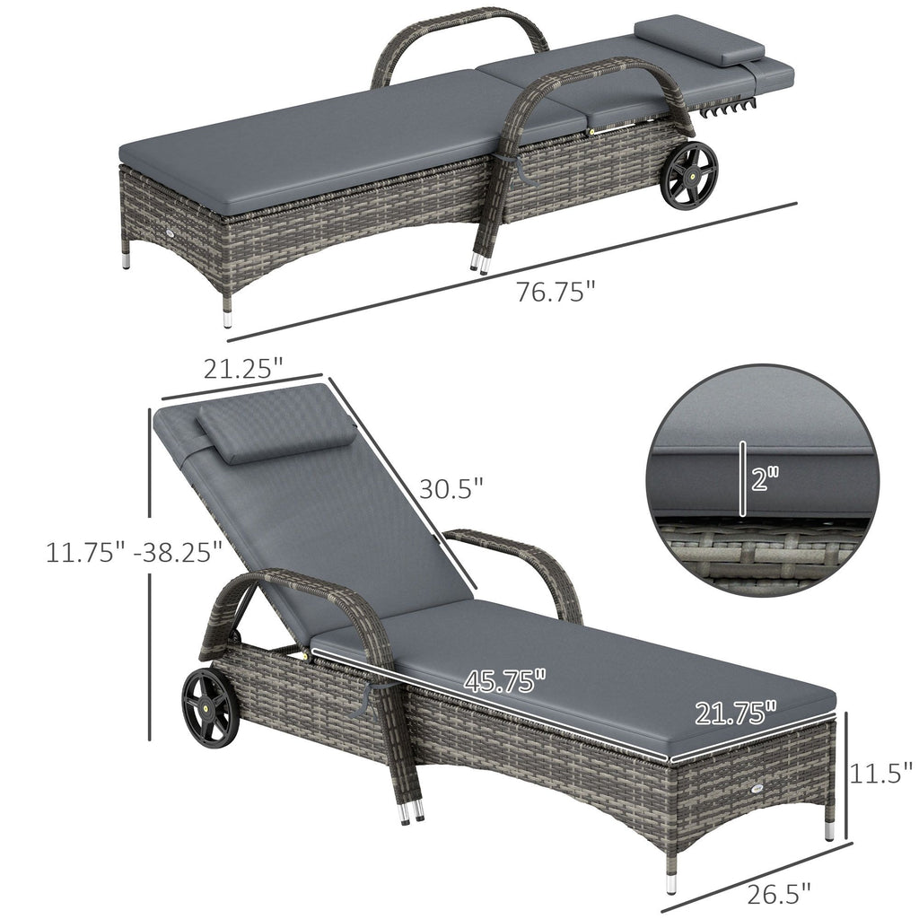 Outdoor Chaise Lounge, 5-Level Adjustable Backrest Rattan Pool Lounge Chair with Wheels, Cushion & Headrest, Gray