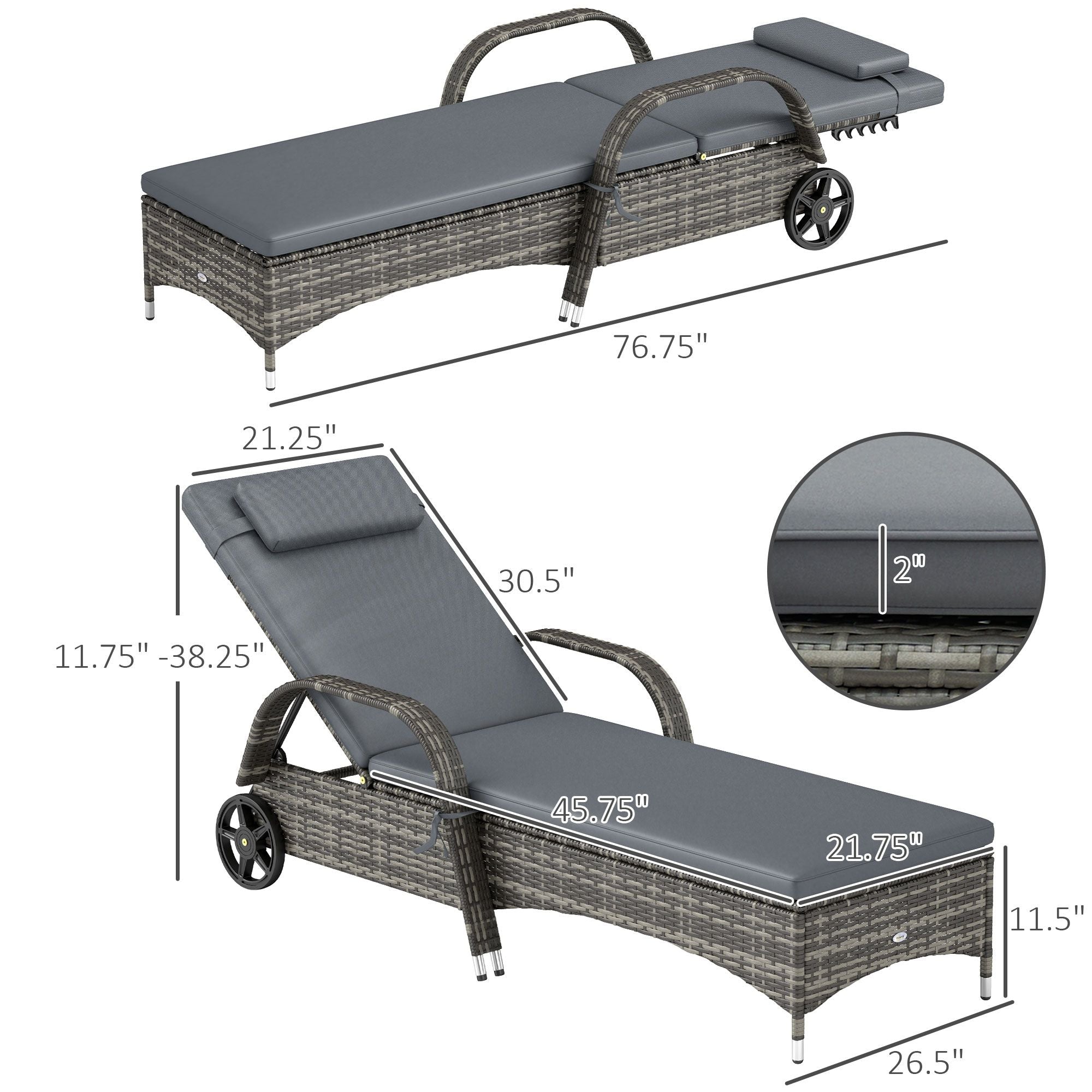 Outdoor Chaise Lounge, 5-Level Adjustable Backrest Rattan Pool Lounge Chair with Wheels, Cushion & Headrest, Gray