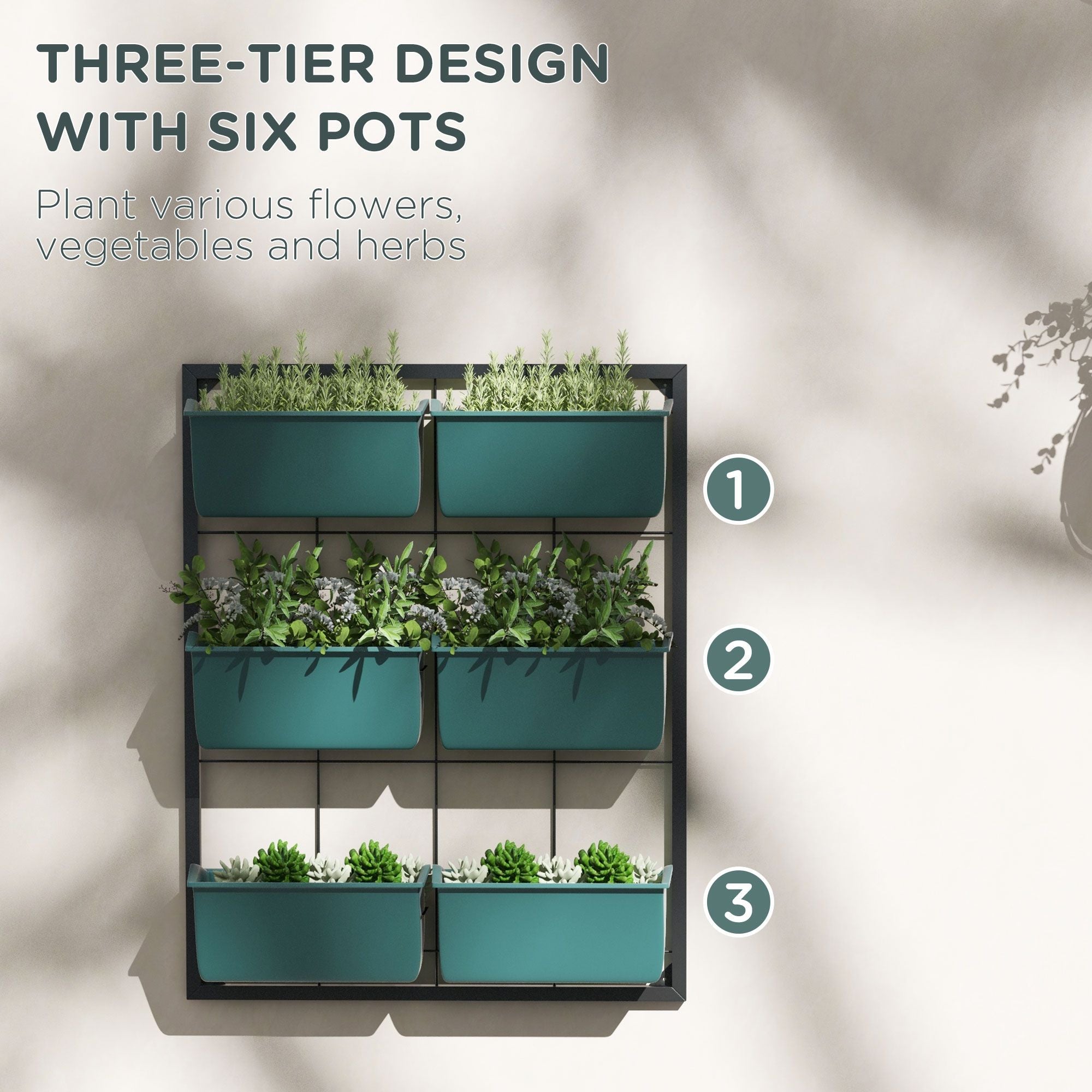 3-Tier Wall Planter Green with 6 Pots Hanging Planter Holder with Drainage for Flowers Vegetables