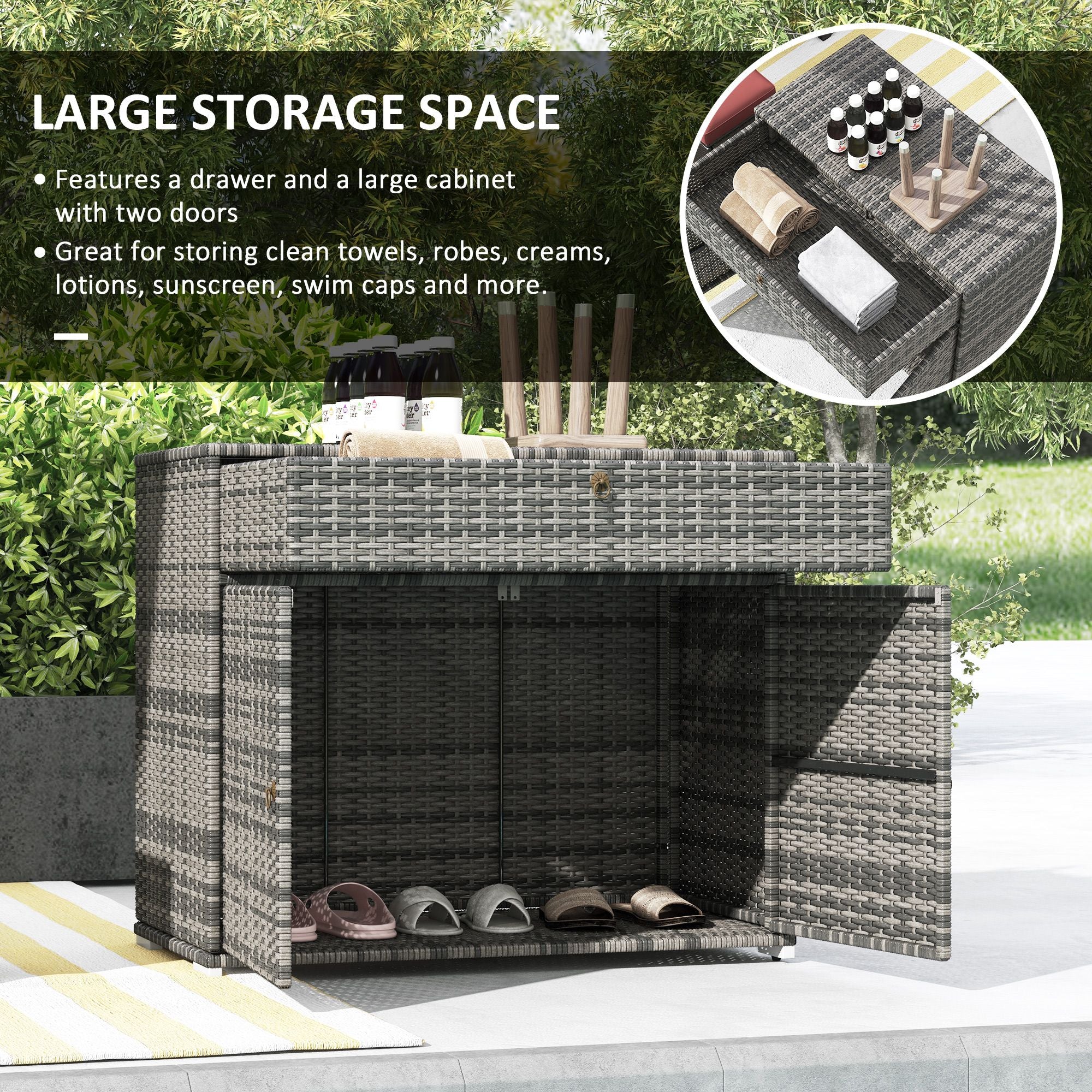 Pool Area Organizer Cabinet Waterproof PE Wicker with Drawer Gray for Outdoor Swimming Gear Storage