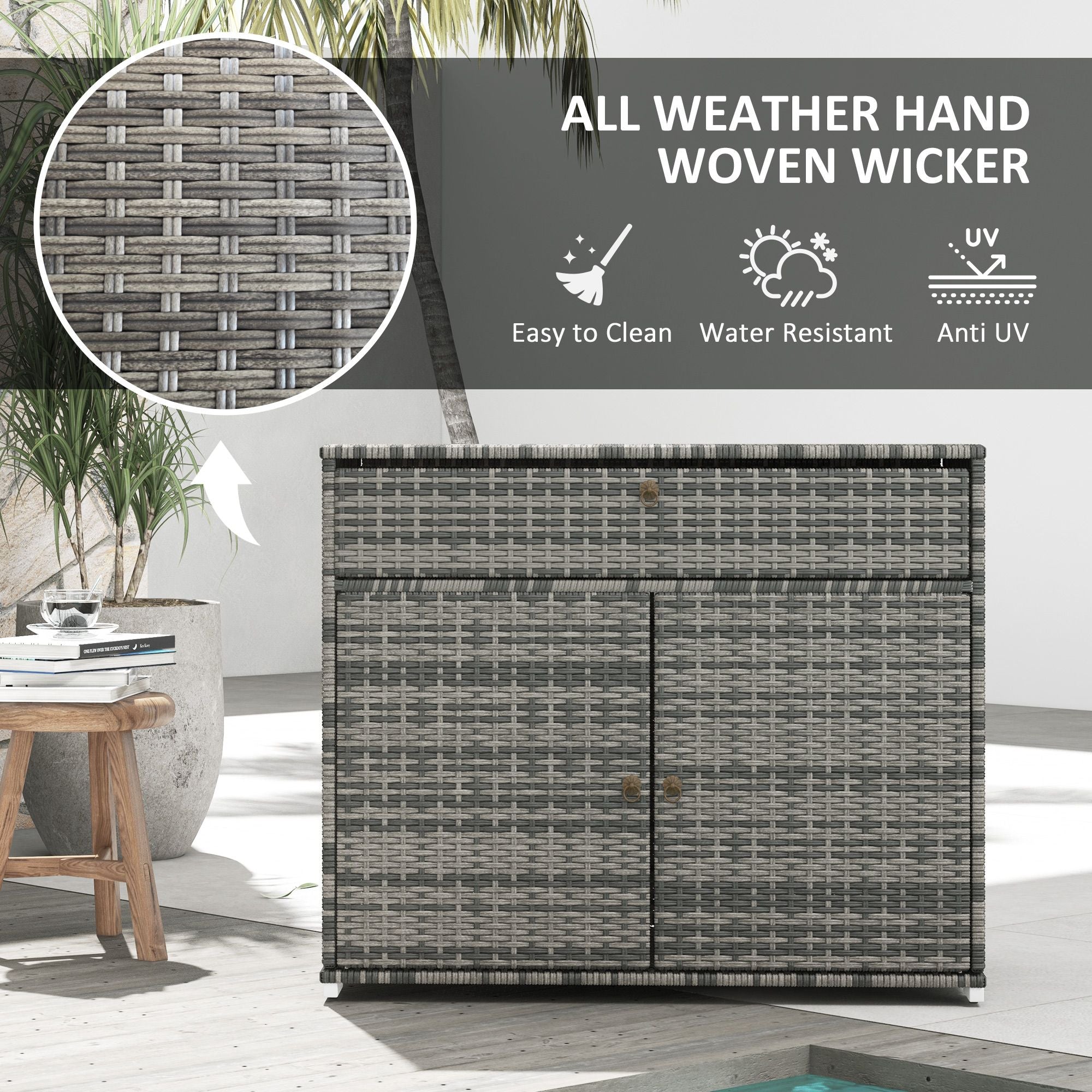 Pool Area Organizer Cabinet Waterproof PE Wicker with Drawer Gray for Outdoor Swimming Gear Storage