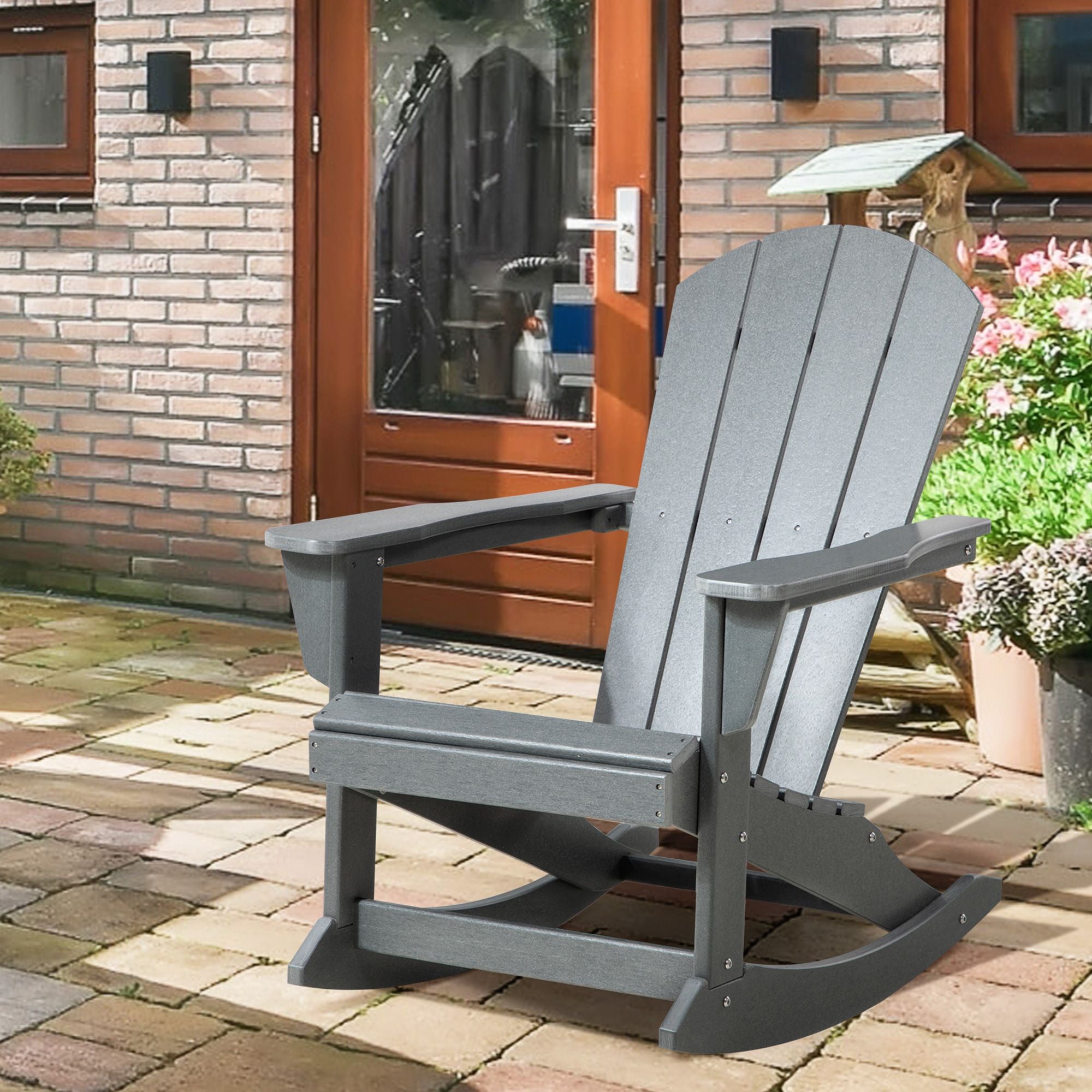 Adirondack Rocking Chair, All-Weather HDPE Porch Rocker, Rocking Fire Pit Chair for Patio, Garden, Lawn, Light Gray