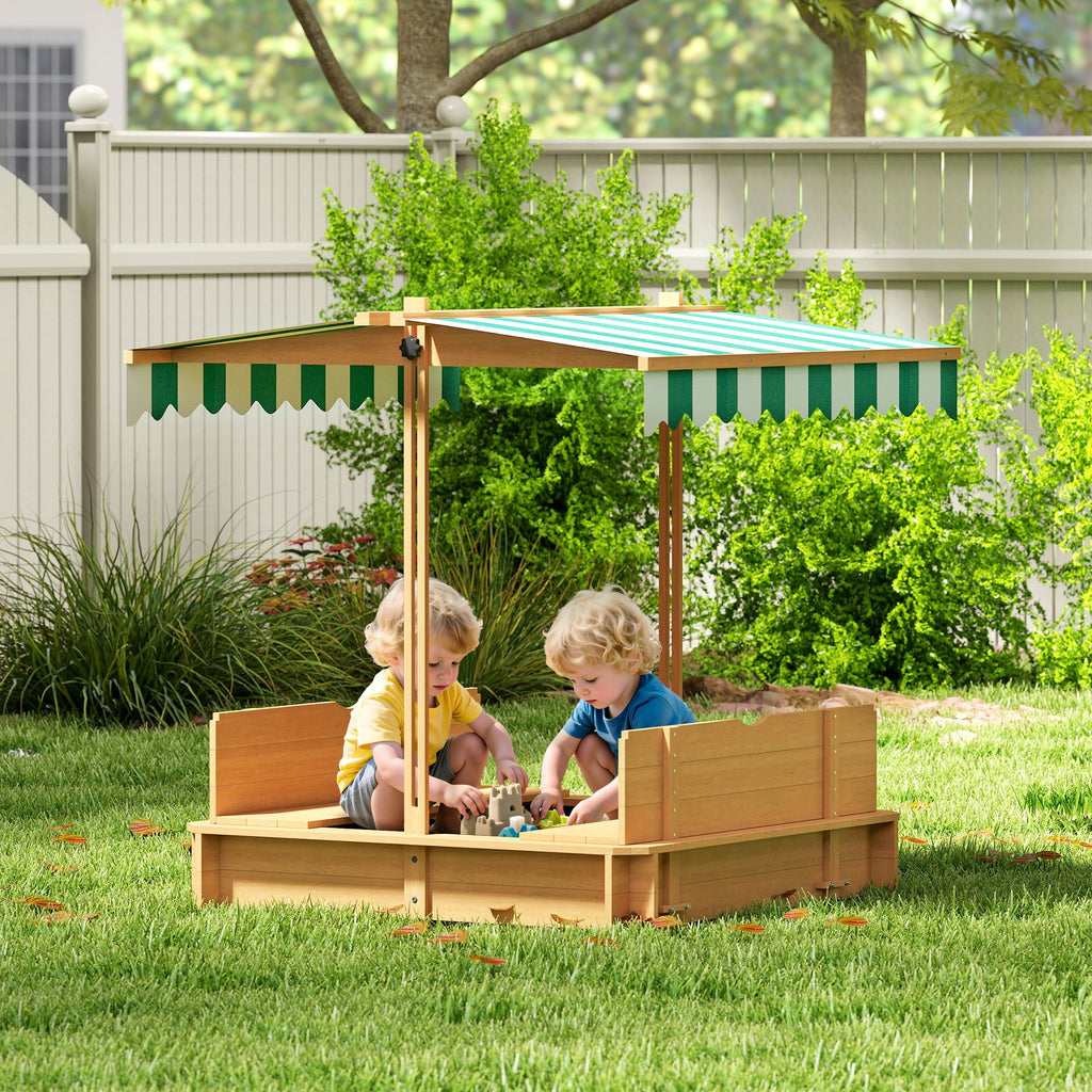 Covered Wooden Sandbox with Adjustable Canopy, Convertible Bench Seat, and Backrests, Bottom Liner, Natural Green
