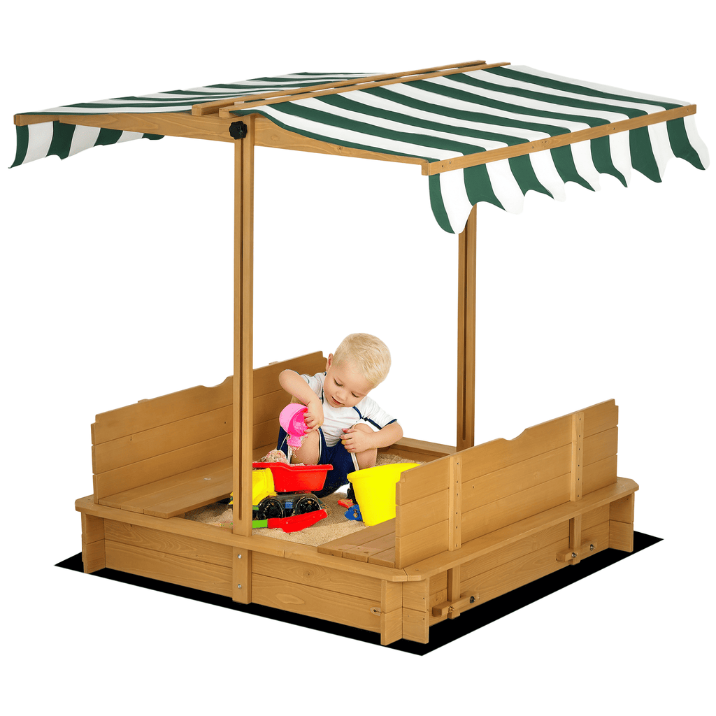 Covered Wooden Sandbox with Adjustable Canopy, Convertible Bench Seat, and Backrests, Bottom Liner, Natural Green
