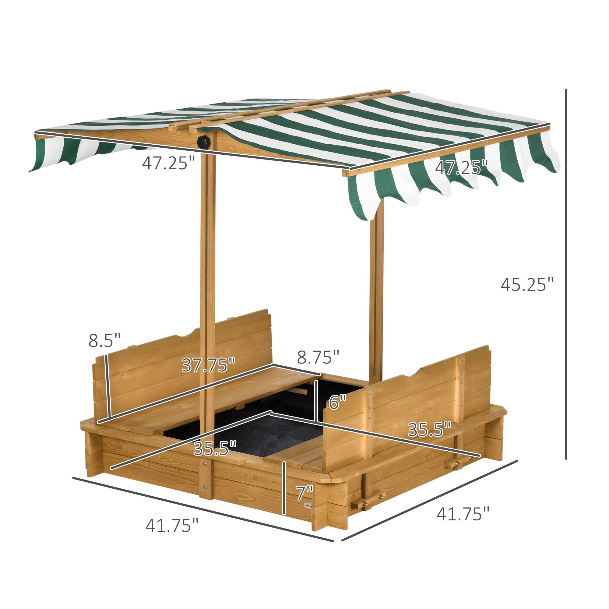 Covered Wooden Sandbox with Adjustable Canopy, Convertible Bench Seat, and Backrests, Bottom Liner, Natural Green