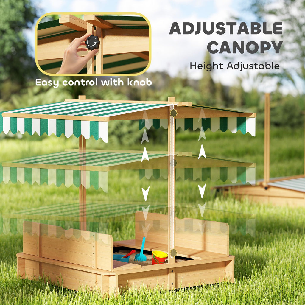 Covered Wooden Sandbox with Adjustable Canopy, Convertible Bench Seat, and Backrests, Bottom Liner, Natural Green