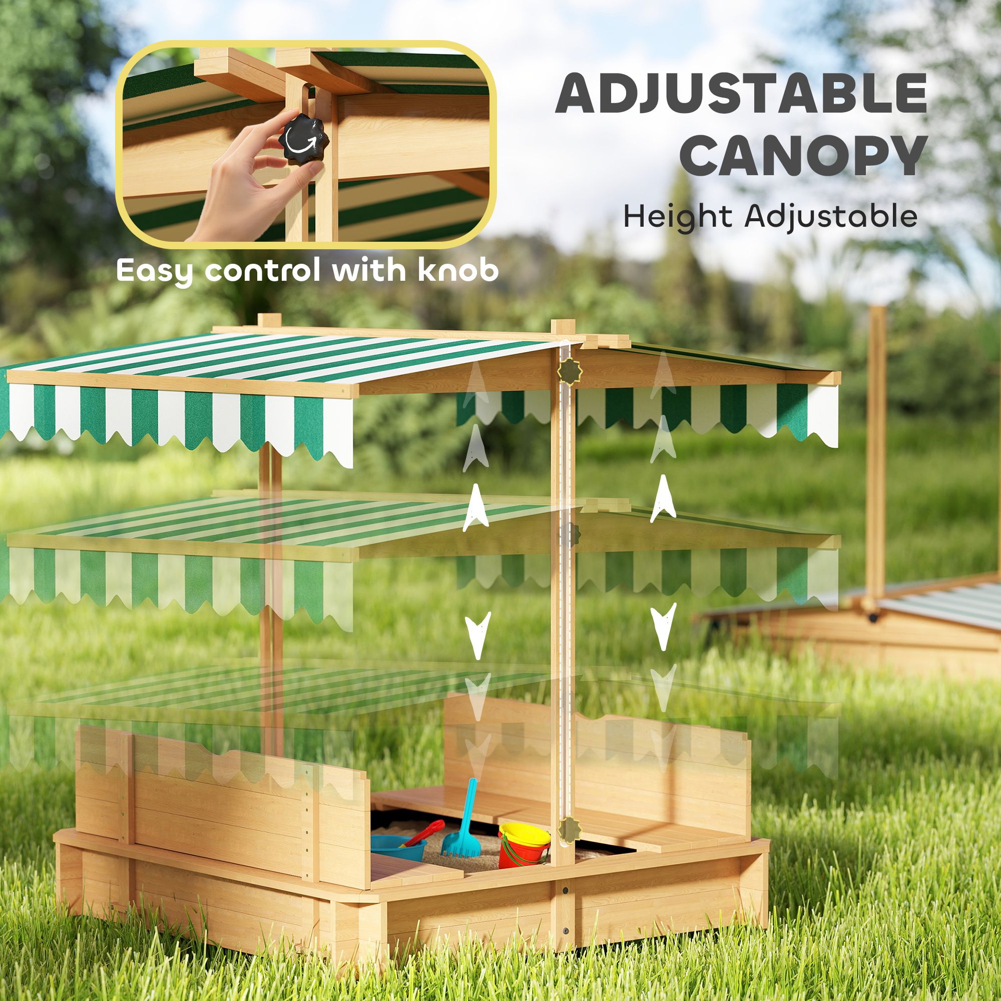 Covered Wooden Sandbox with Adjustable Canopy, Convertible Bench Seat, and Backrests, Bottom Liner, Natural Green