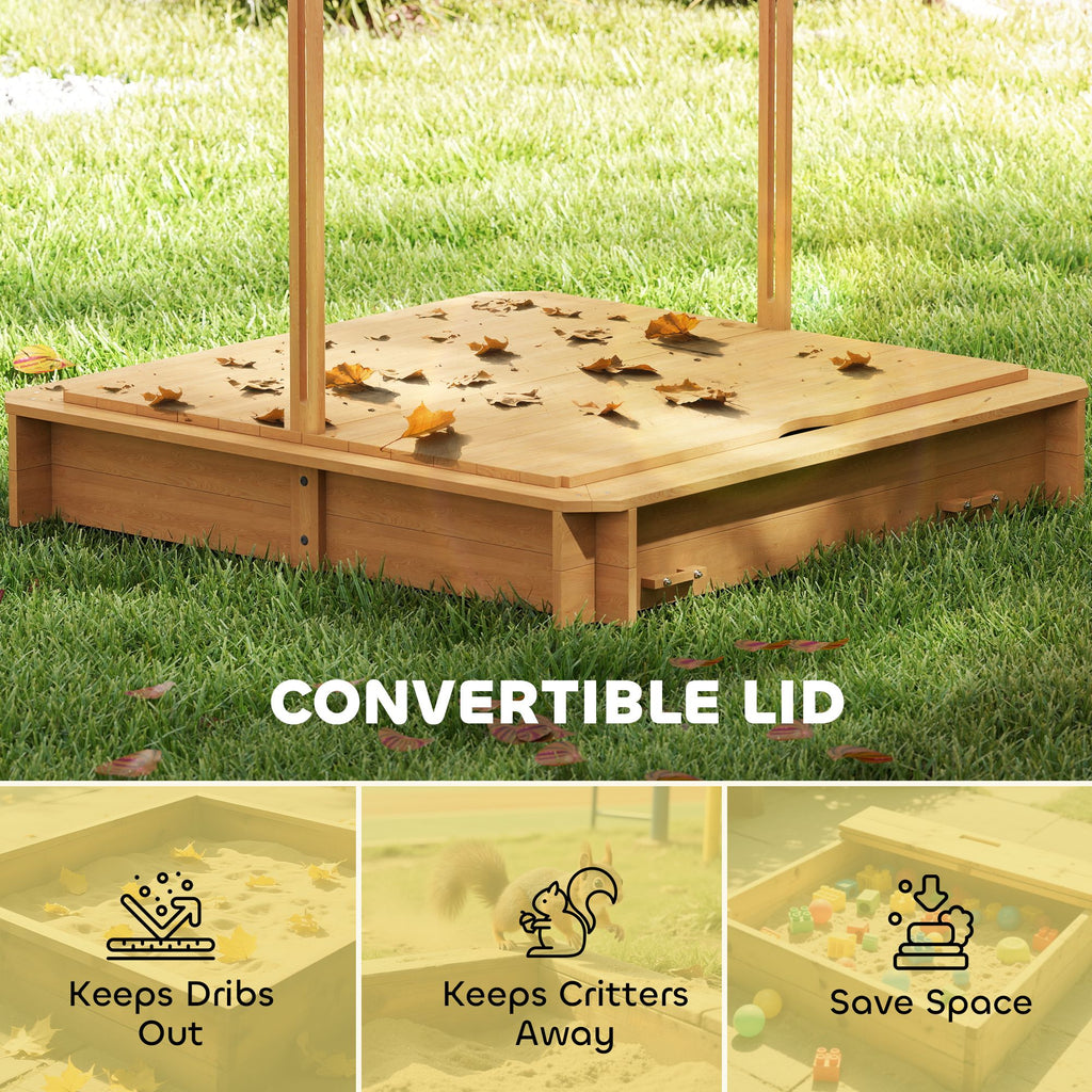 Covered Wooden Sandbox with Adjustable Canopy, Convertible Bench Seat, and Backrests, Bottom Liner, Natural Green
