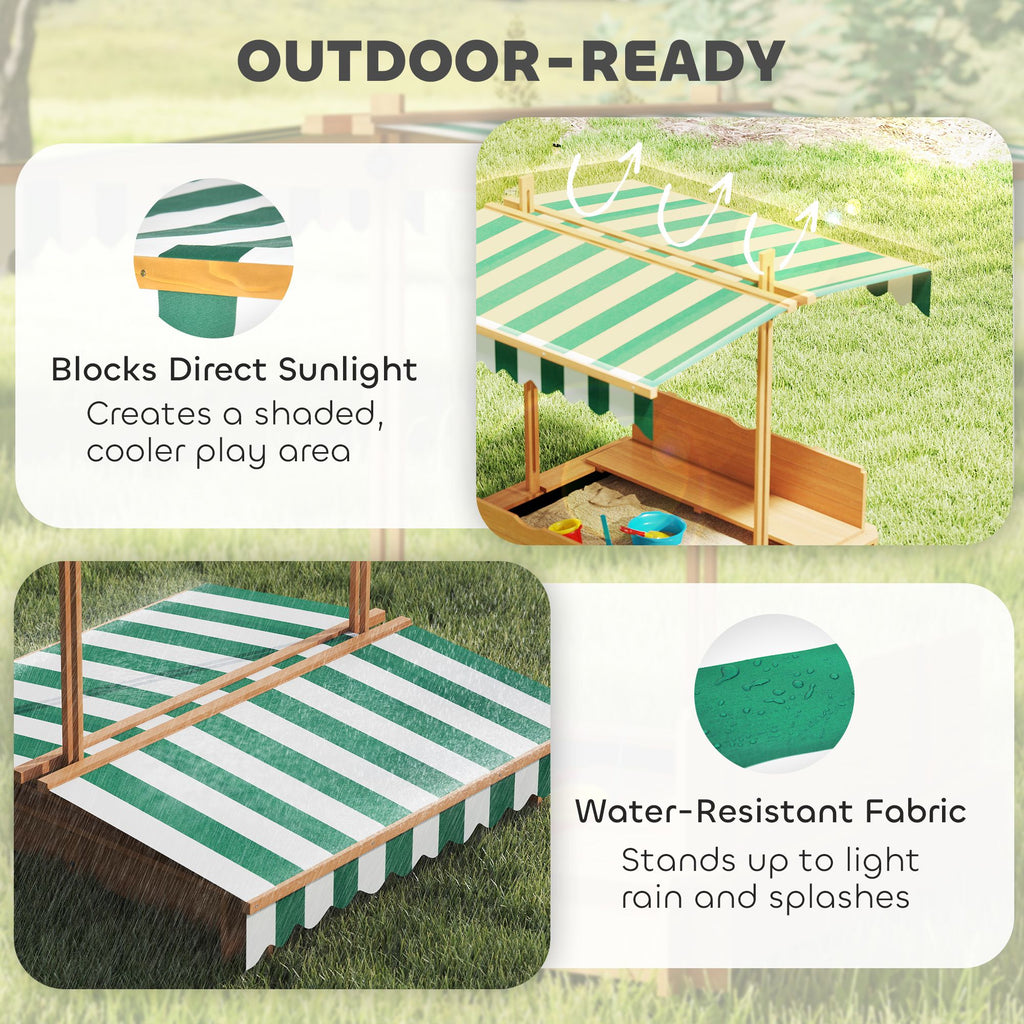 Covered Wooden Sandbox with Adjustable Canopy, Convertible Bench Seat, and Backrests, Bottom Liner, Natural Green