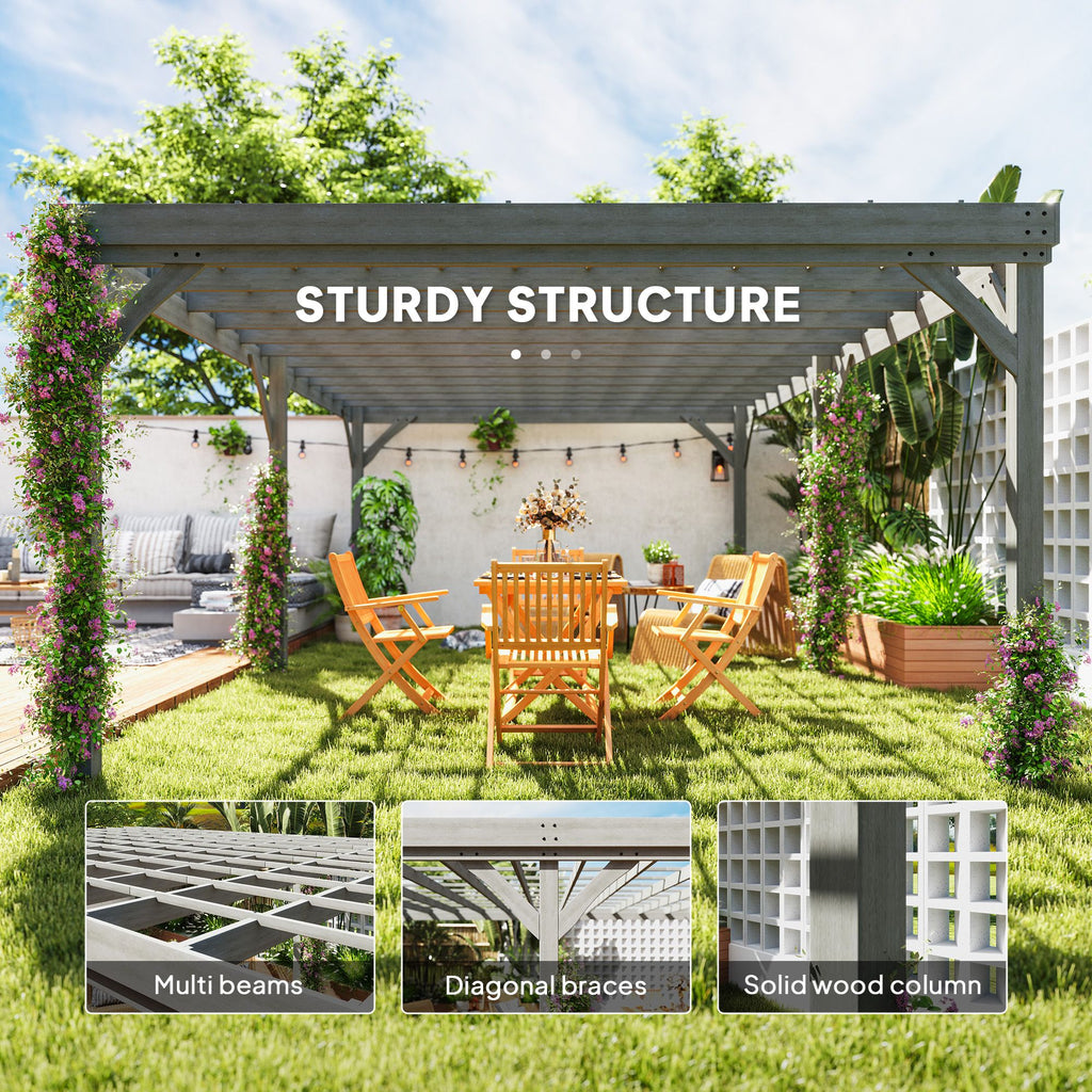 12' x 20' Outdoor Wooden Pergola, Grape Vine Gazebo with Concrete Anchors for Garden, Patio, Backyard, Deck, Gray