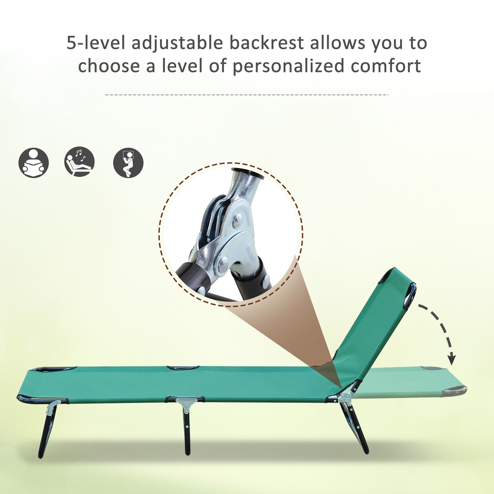 Folding Patio Lounger Chair, Green, 5-Level Adjustable Back, Breathable, Sun Recliner, for Camping, Beach, Pool