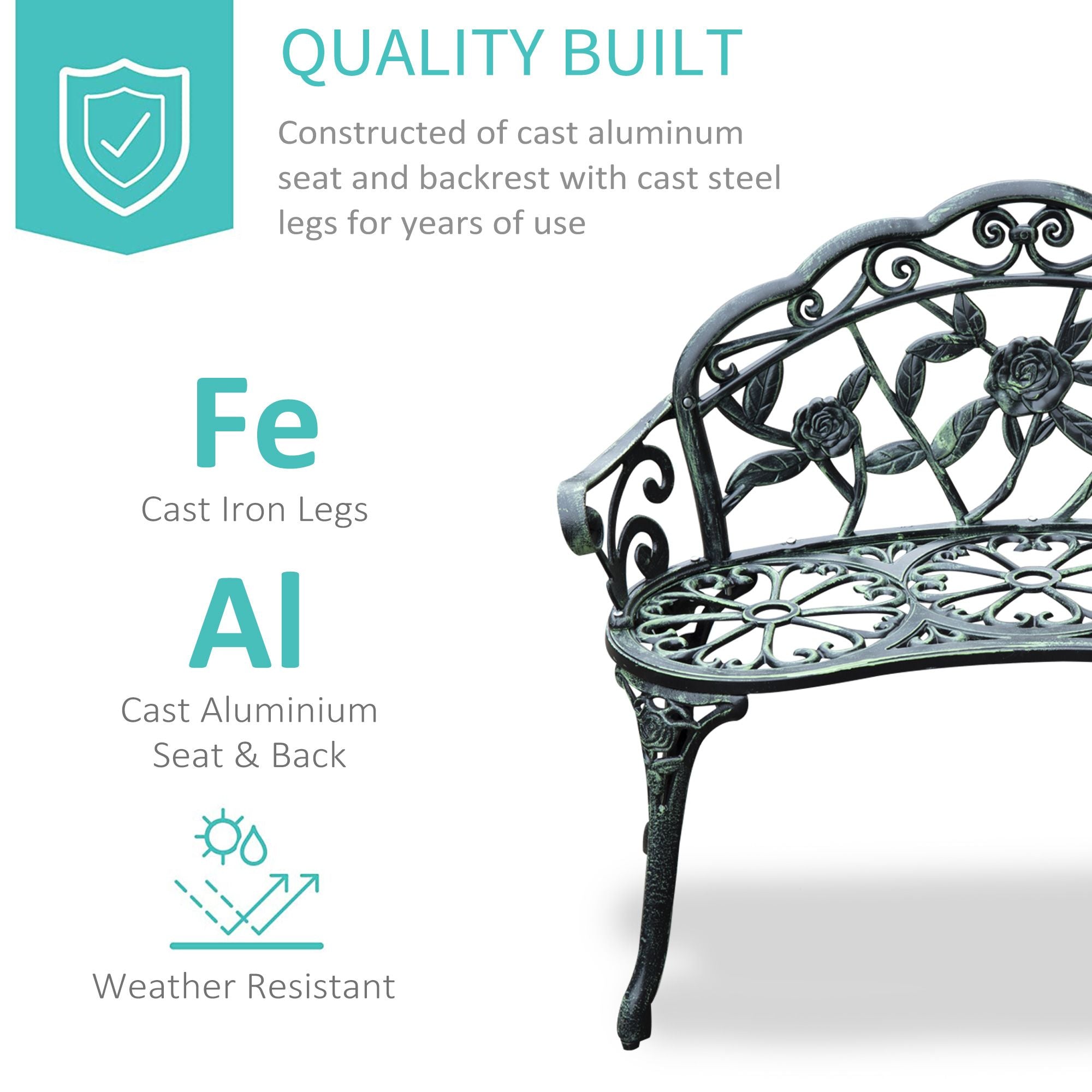 Garden Bench Chair Floral Rose Design, Antique Green Cast Aluminum Frame, Outdoor Loveseat for Patio, Park, Deck