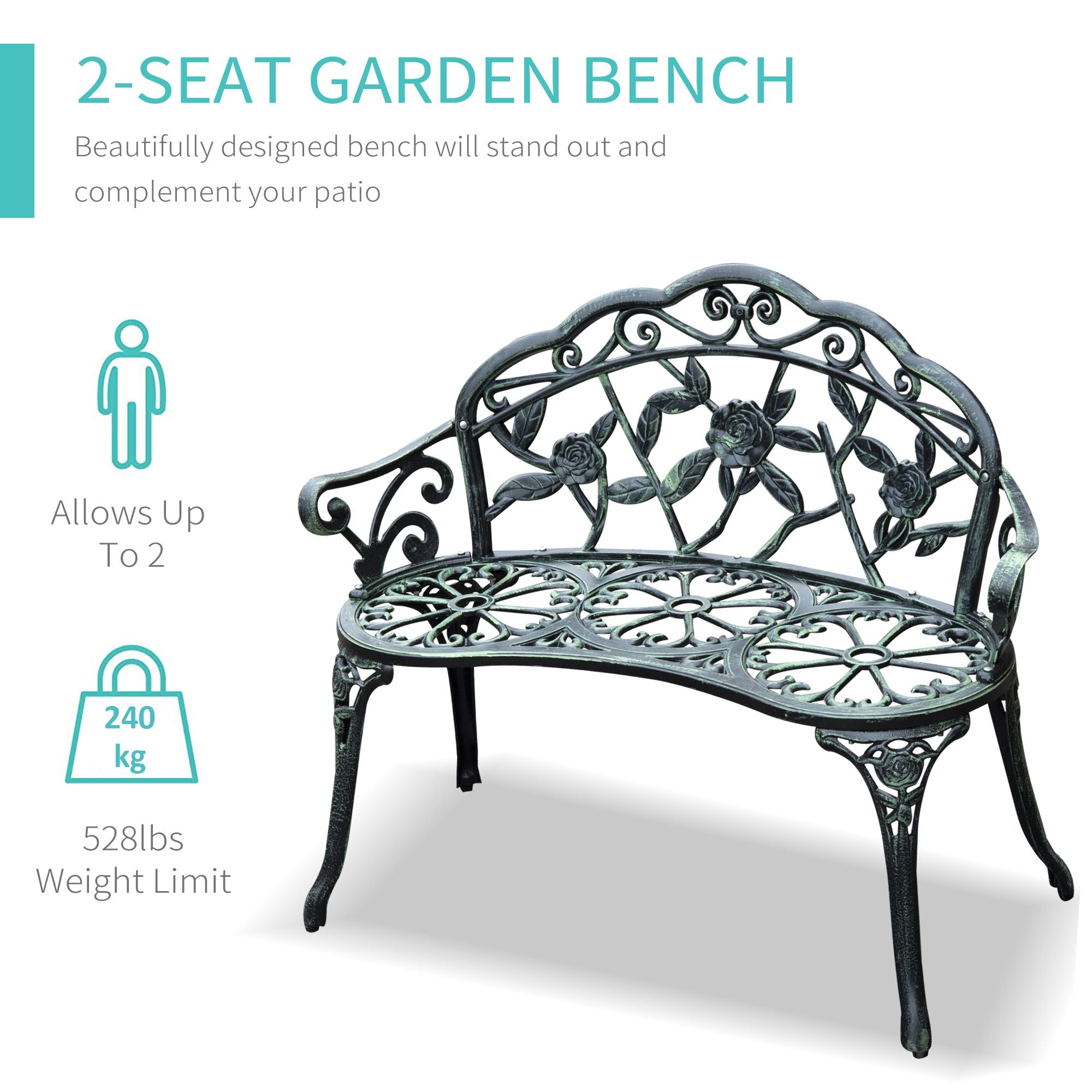 Garden Bench Chair Floral Rose Design, Antique Green Cast Aluminum Frame, Outdoor Loveseat for Patio, Park, Deck