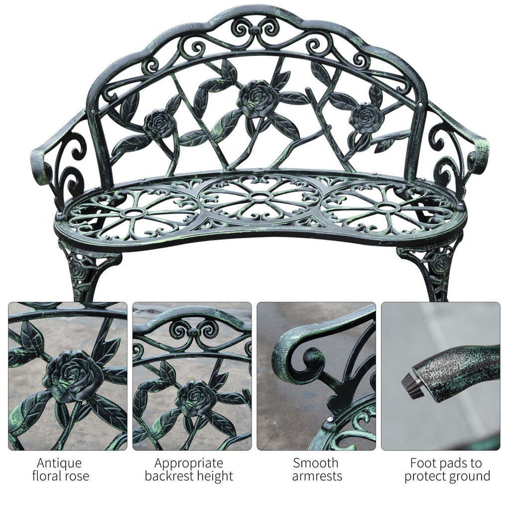 Garden Bench Chair Floral Rose Design, Antique Green Cast Aluminum Frame, Outdoor Loveseat for Patio, Park, Deck