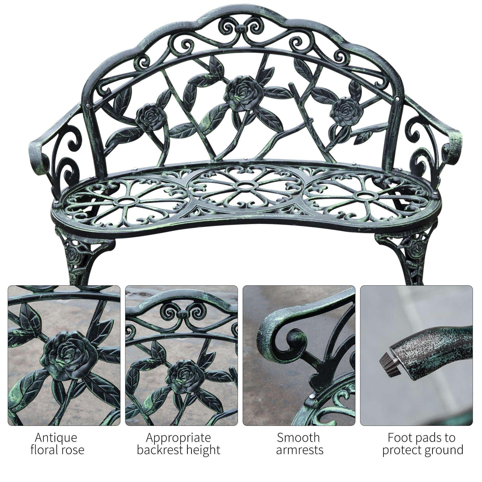 Garden Bench Chair Floral Rose Design, Antique Green Cast Aluminum Frame, Outdoor Loveseat for Patio, Park, Deck
