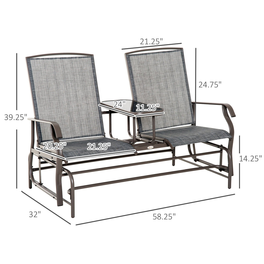 2-Person Outdoor Glider Bench with Center Table, Patio Rocking Chair Swing Loveseat with Breathable Mesh for Backyard, Front Porch, Brown