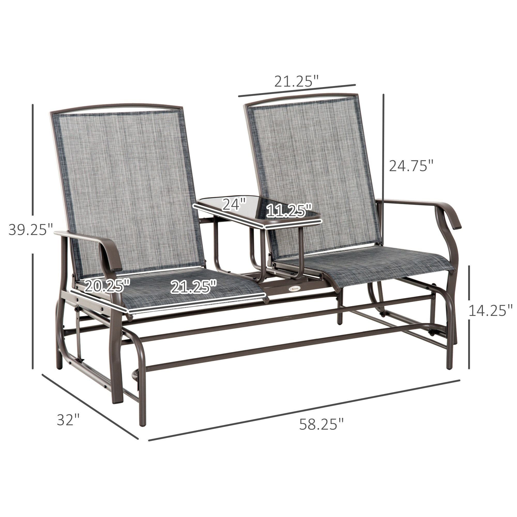 2-Person Outdoor Glider Bench with Center Table, Patio Rocking Chair Swing Loveseat with Breathable Mesh for Backyard, Front Porch, Brown