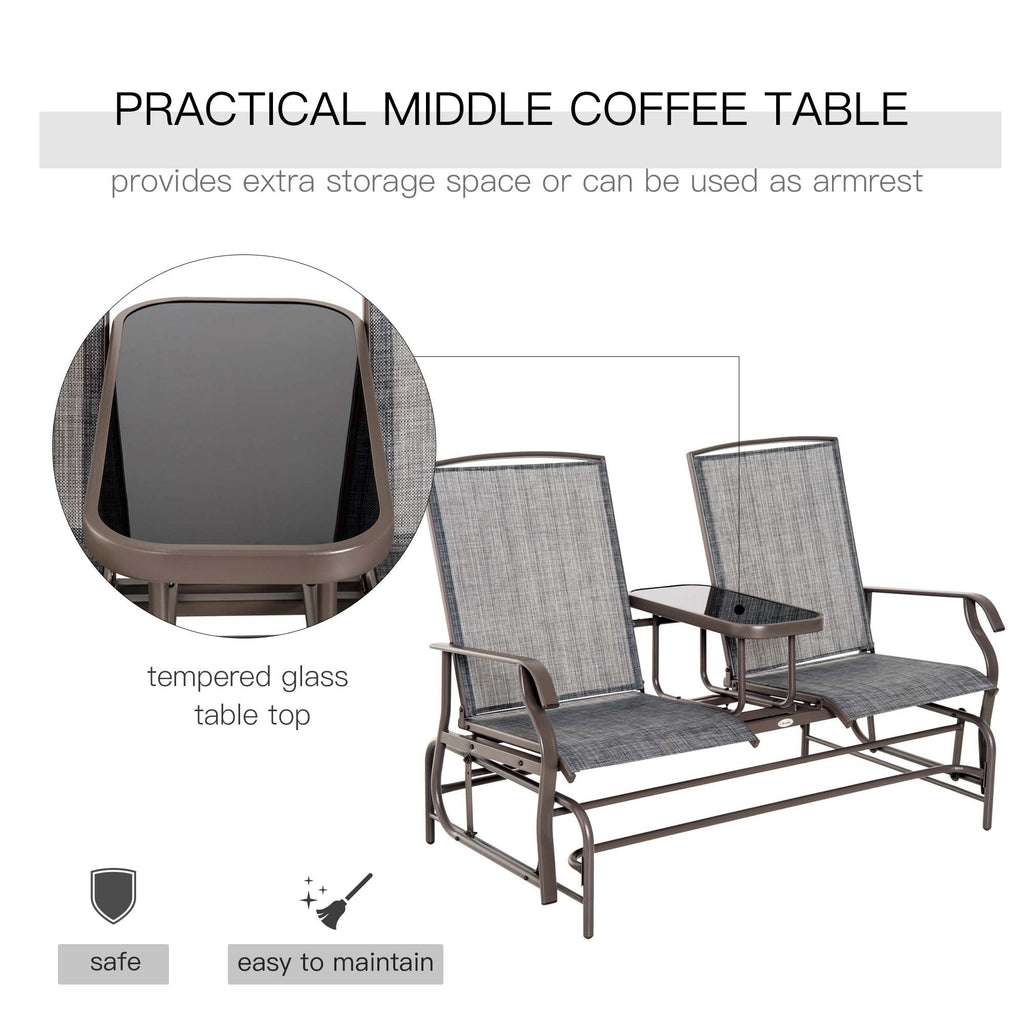2-Person Outdoor Glider Bench with Center Table, Patio Rocking Chair Swing Loveseat with Breathable Mesh for Backyard, Front Porch, Brown