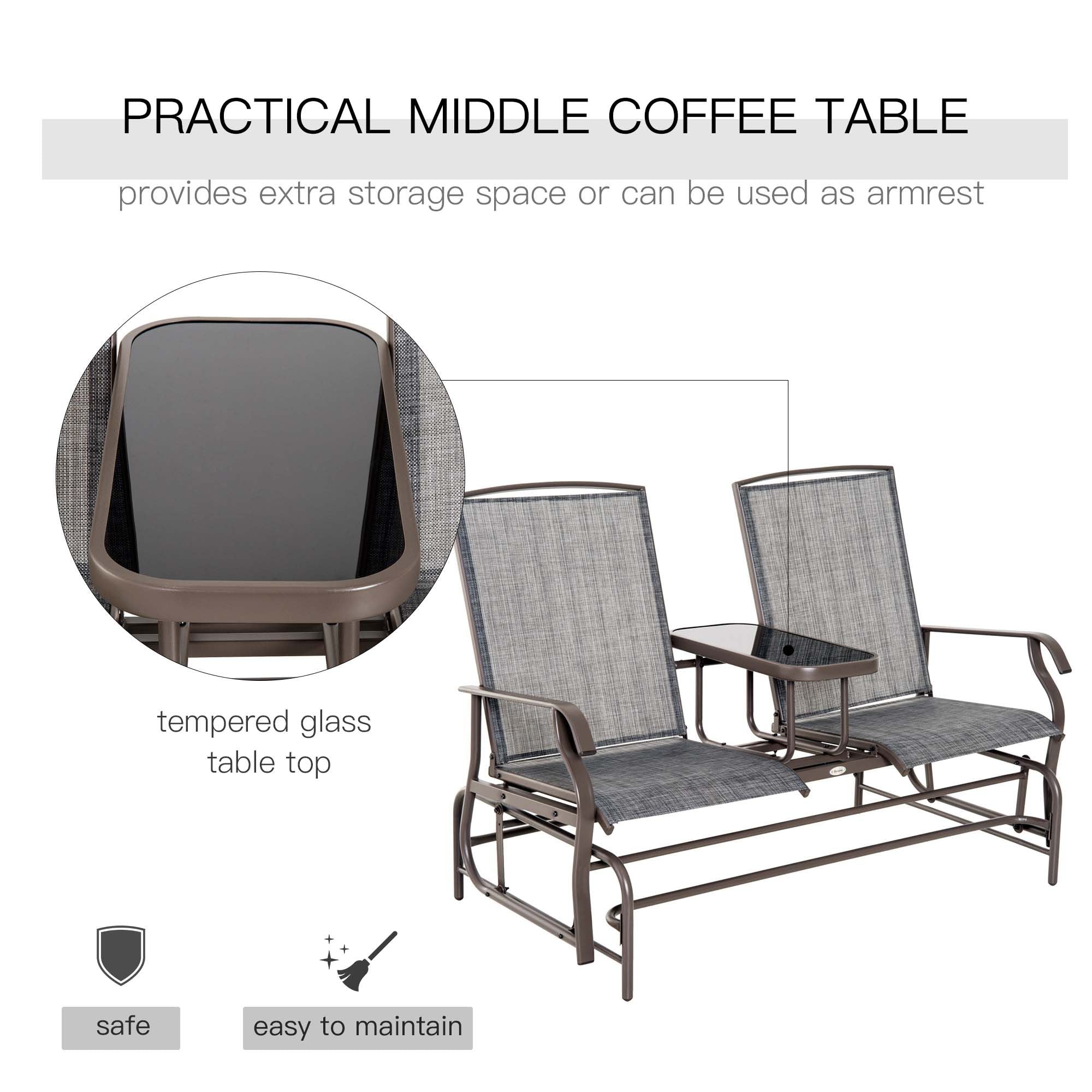 2-Person Outdoor Glider Bench with Center Table, Patio Rocking Chair Swing Loveseat with Breathable Mesh for Backyard, Front Porch, Brown