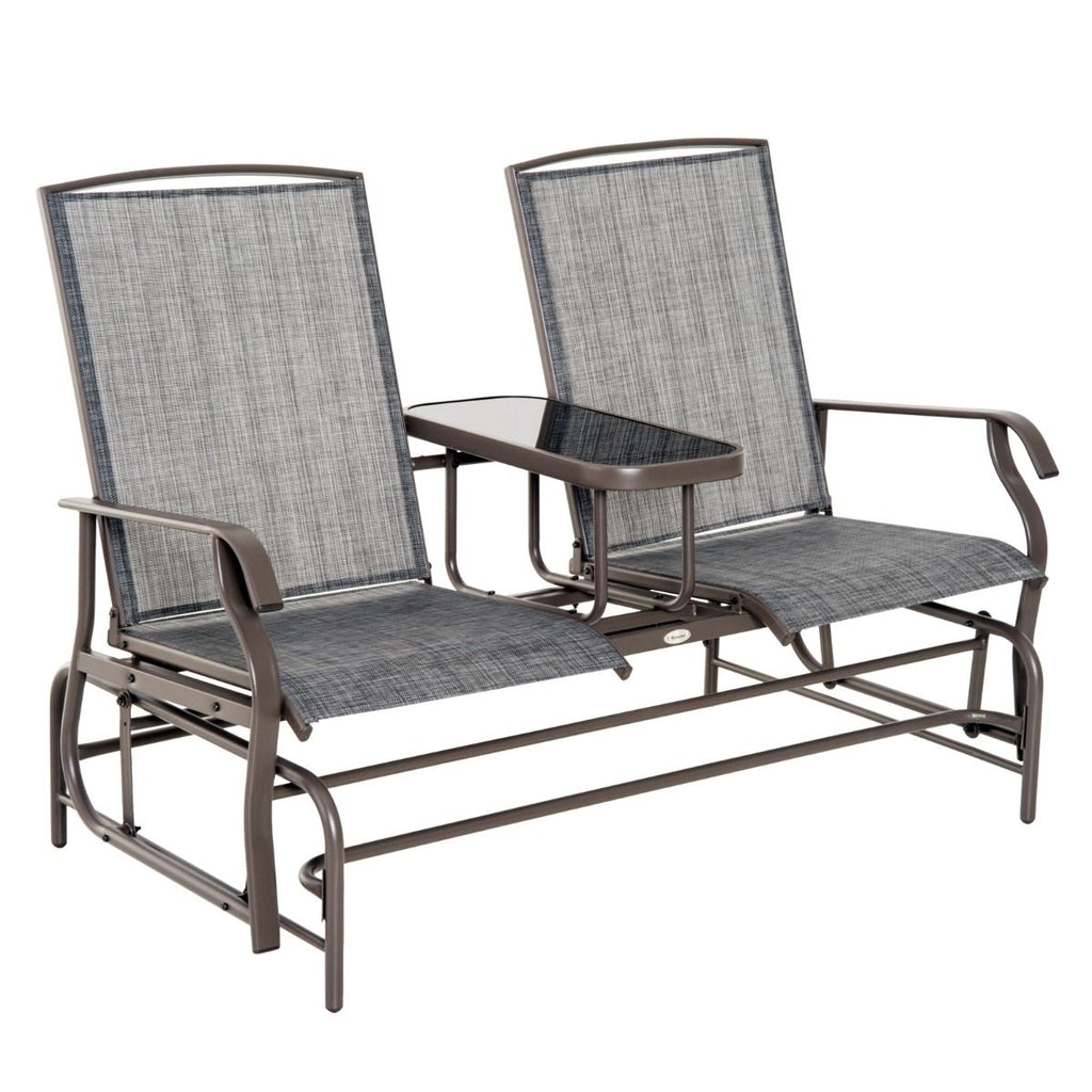 2-Person Outdoor Glider Bench with Center Table, Patio Rocking Chair Swing Loveseat with Breathable Mesh for Backyard, Front Porch, Brown