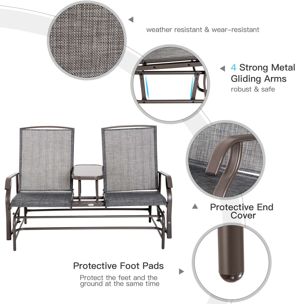 2-Person Outdoor Glider Bench with Center Table, Patio Rocking Chair Swing Loveseat with Breathable Mesh for Backyard, Front Porch, Brown