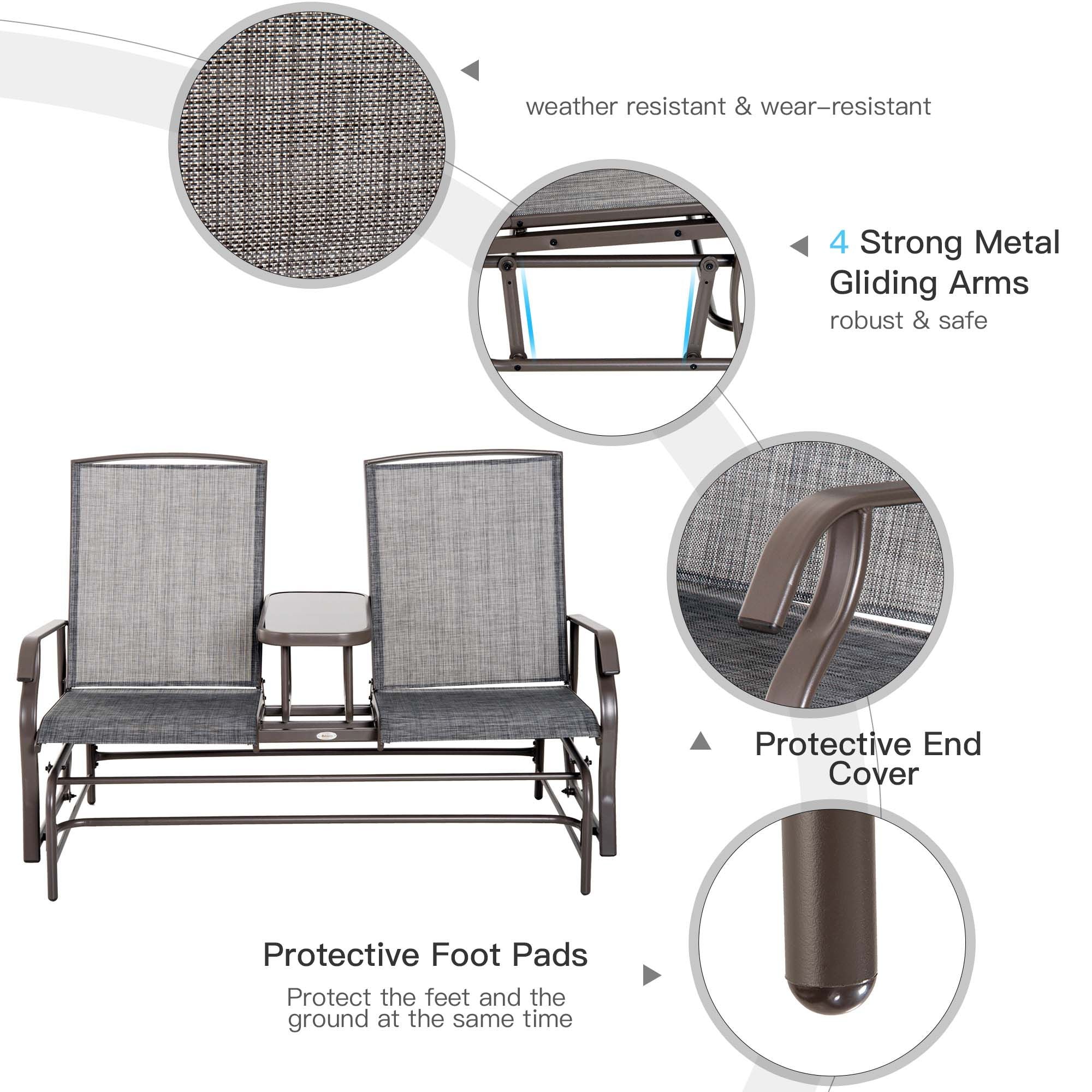 2-Person Outdoor Glider Bench with Center Table, Patio Rocking Chair Swing Loveseat with Breathable Mesh for Backyard, Front Porch, Brown