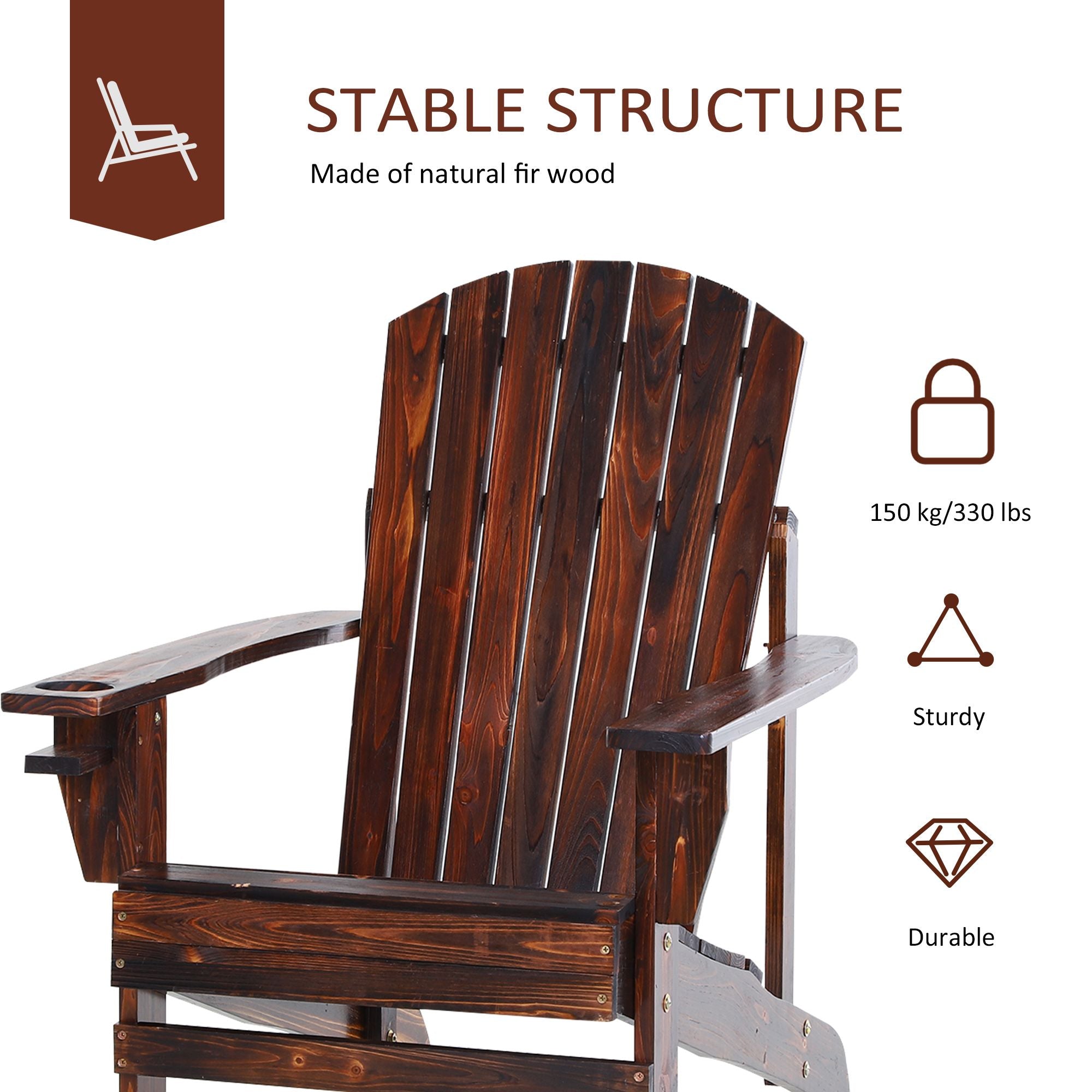 Oversized Adirondack Chair, Outdoor Fire Pit and Porch Seating, Classic Log Lounge w/ Built-in Cupholder for Patio, Lawn, Deck, Brown