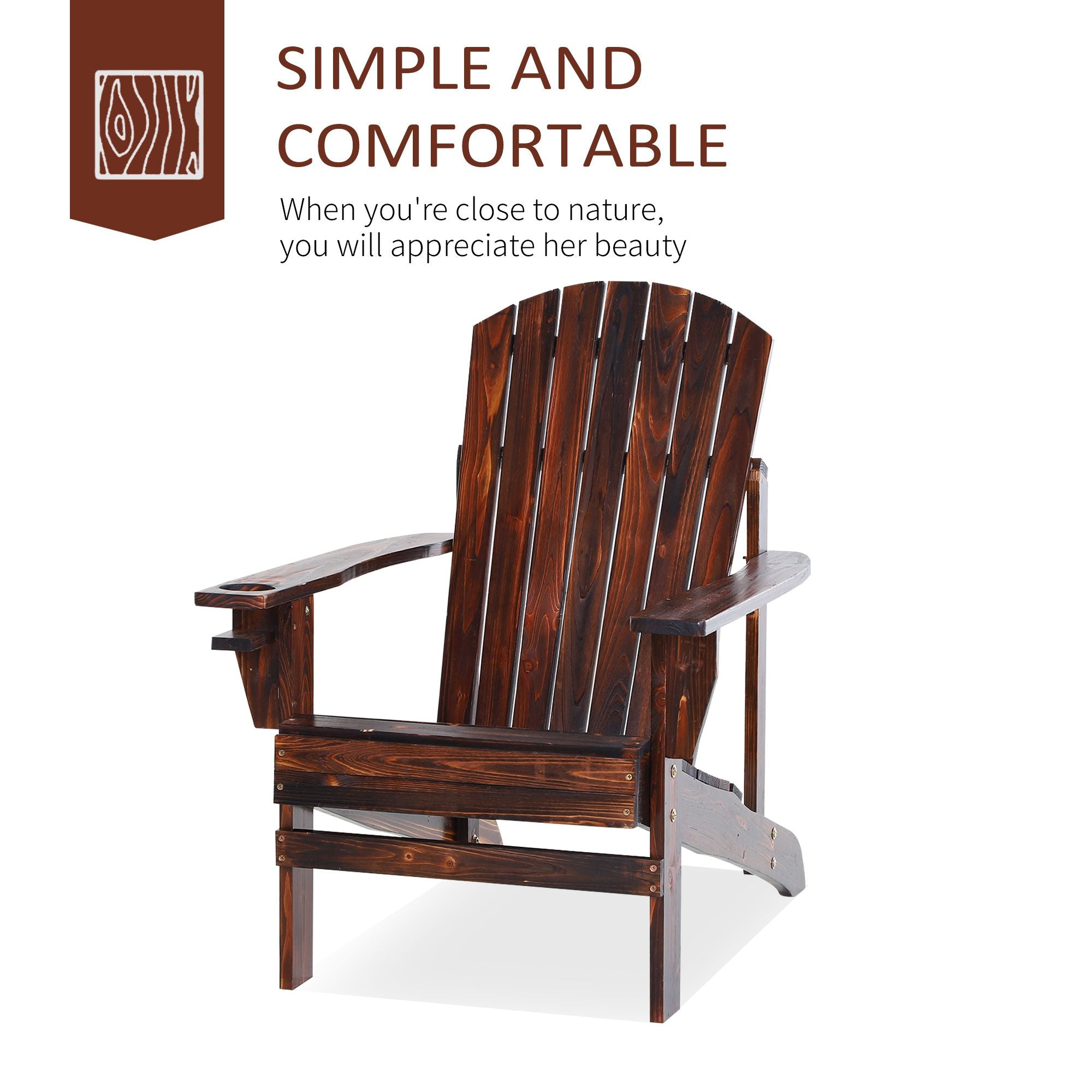 Oversized Adirondack Chair, Outdoor Fire Pit and Porch Seating, Classic Log Lounge w/ Built-in Cupholder for Patio, Lawn, Deck, Brown